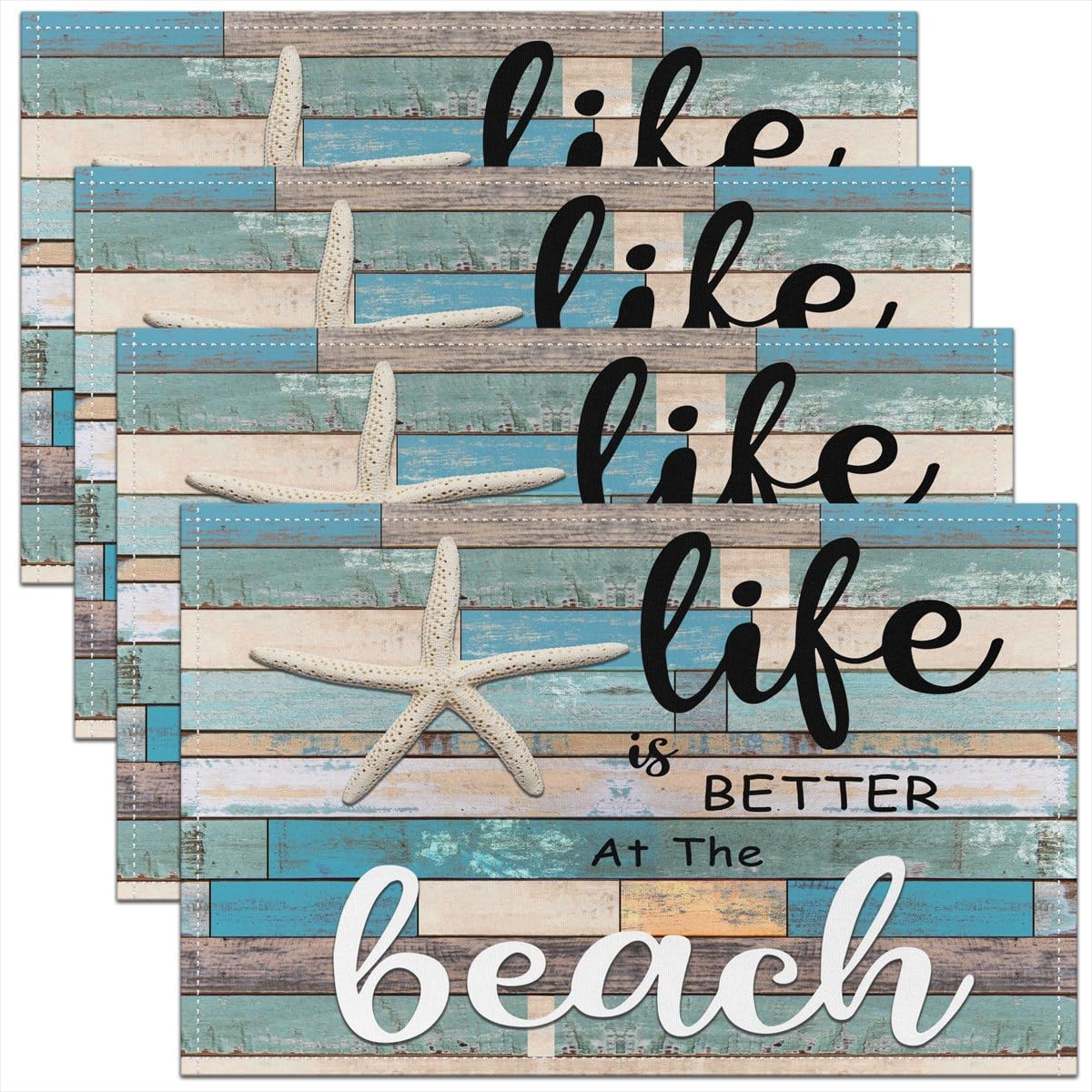 Starfish Beach Placemats Set of 4,Coastal Beach Ocean Placemat for Kitchen Dining Table Indoor Outdoor Ocean Marine Place Mats, Rustic Wooden Table Mat 45x30cm