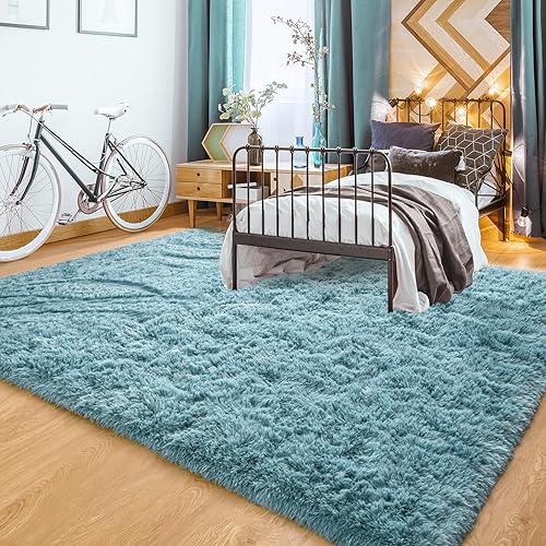 Miniatura 2 de YJ.GWL Alfombras suaves y esponjosas para dormitorio, sala de estar, 5 x 8 pies, alfombra de pelo largo verde turquesa, alfombra de felpa para