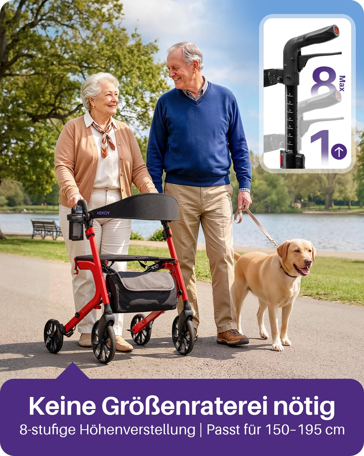 Kekoy Bariatrischer Rollator faltbar mit Sitz für Senioren, 226 kg Traglast | Auf allen Geländen. Aluminium höhenverstellbarer Outdoor Rollator mit 50 cm Sitzkissen, Lehne, Stauraum & Becherhalter, Rot