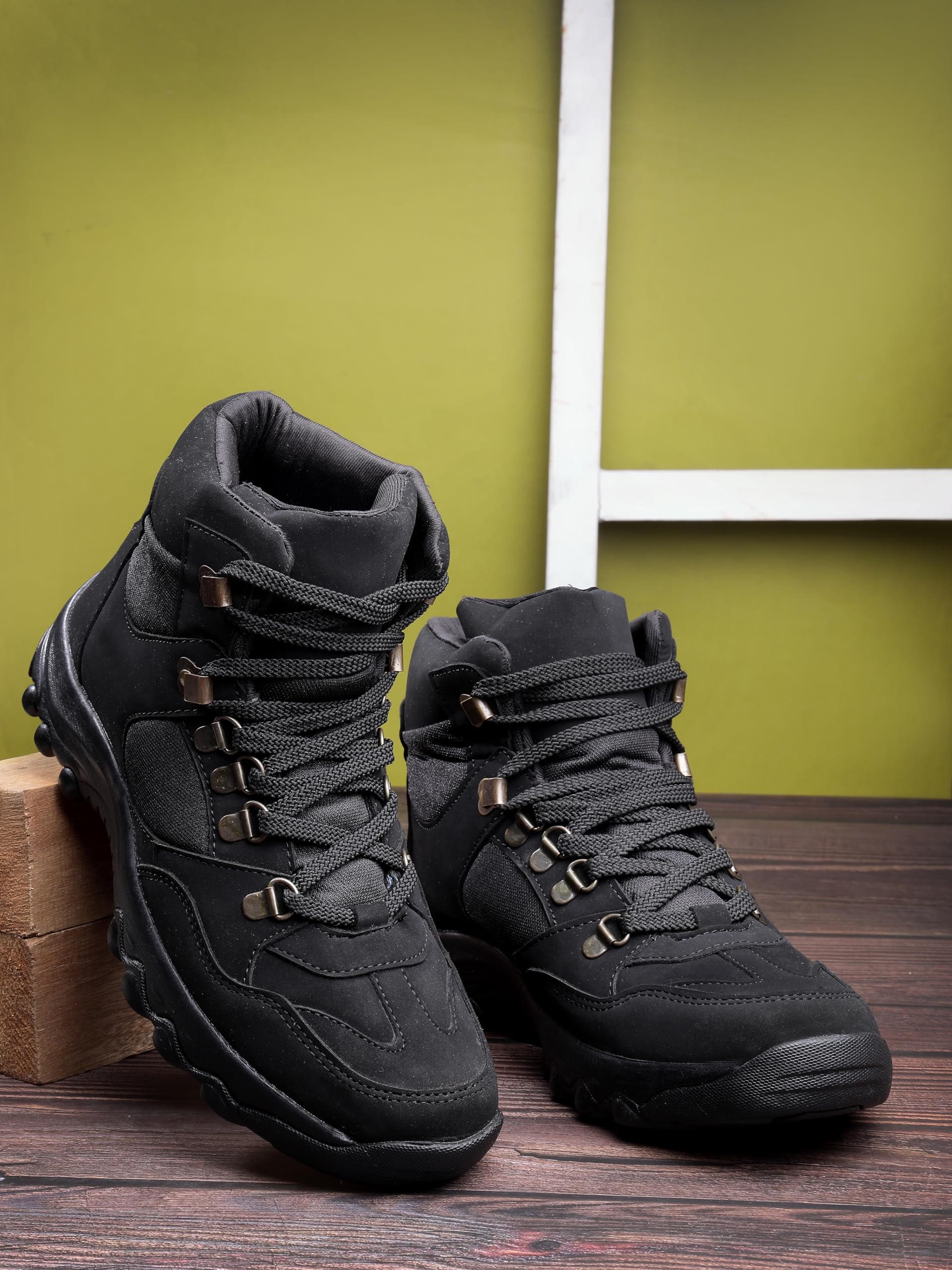 Unistar Jungle High Ankle Riding Boots for Men's Mountaineering, Hiking & Trekking | Mild Waterproof Protection with Comfortable Padded Collar Shoe (Black - Size 6)