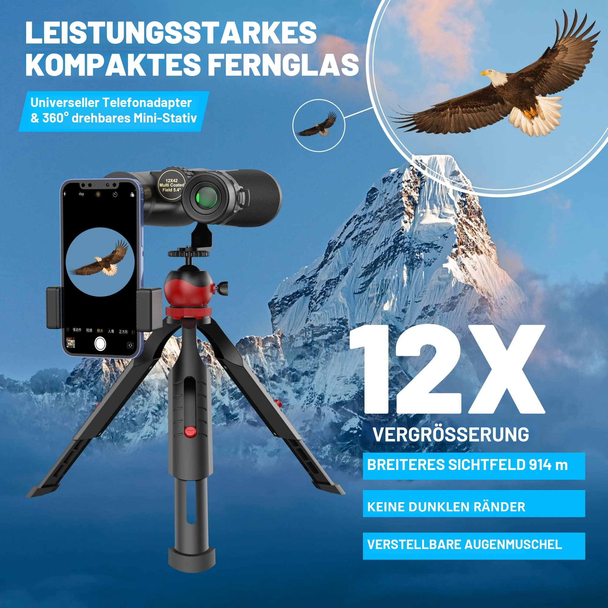 Fernglas für Erwachsene, Kylietech 12x42 Ferngläser mit Stativ, Wasserdichtes Vogelbeobachtungs Fernglas mit BaK-4-Prismen, FMC-Objektiv, Telefonadapter für Fotografie, Sternenbeobachtung
