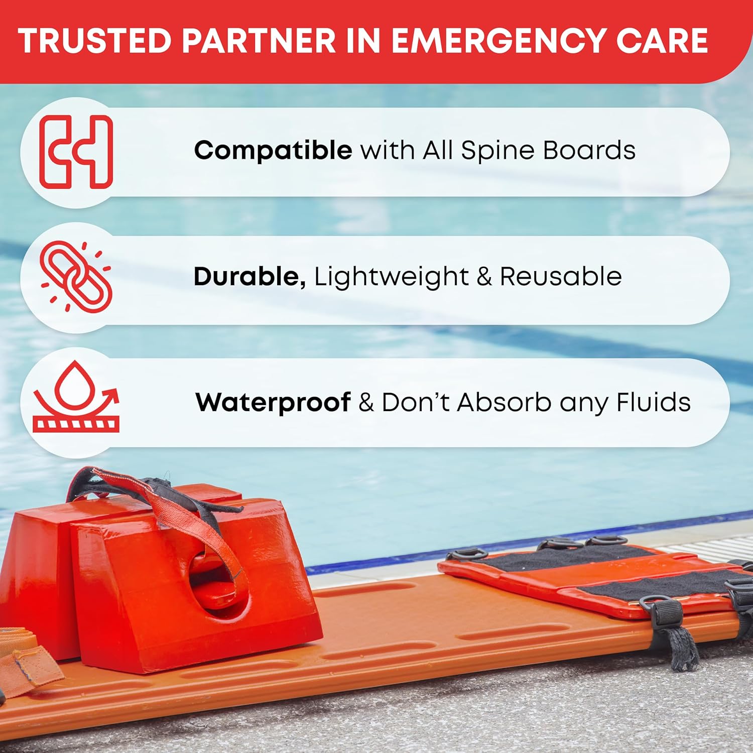 Dixie EMS Spine Board Head Immobilizer for Backboard - Reusable, Lightweight, Durable, Adjustable Straps, Universal Fit for Emergency Medical Use - Red