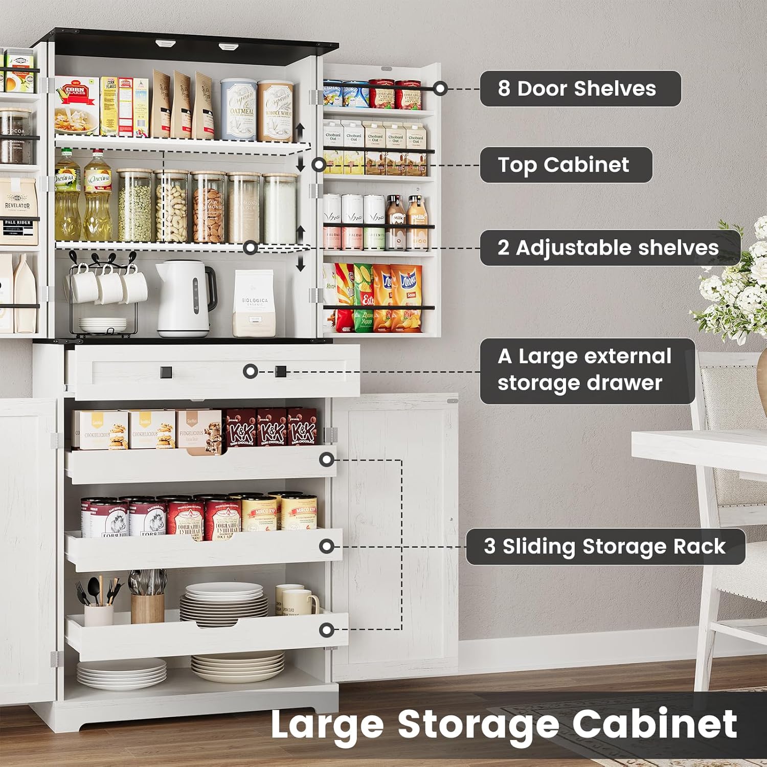 Close-up view of the ELYKEN Pantry Cabinet interior, showing eight door shelves, the top cabinet section, two adjustable shelves, a large external storage drawer, and three practical pull-out storage racks.