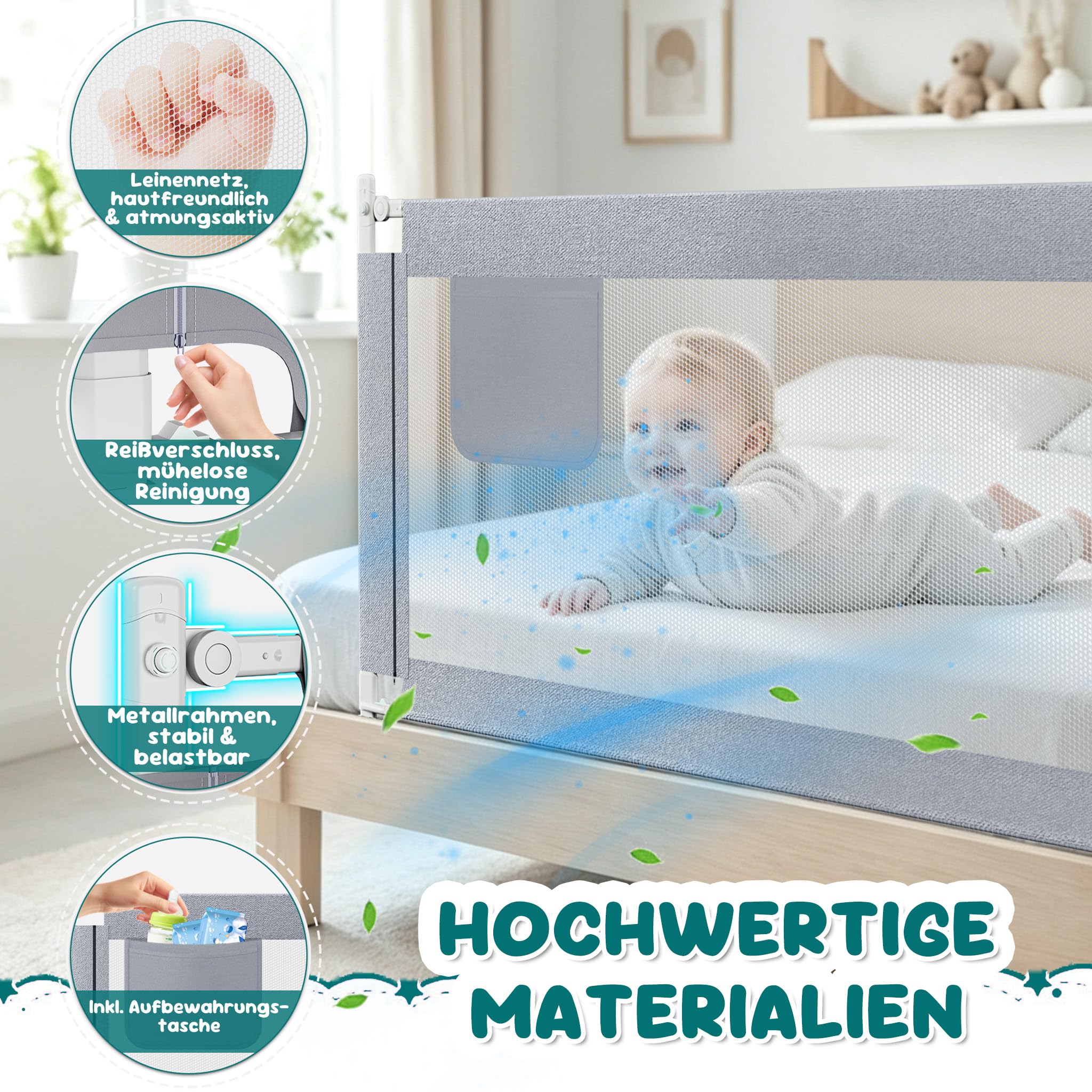 Froadp 200cm Barriera per Letto Bambini, Pieghevole Sponda Lettino Regolabile in Altezza con Doppia Chiusura Cintura Fissa e Mesh Taspirante, Portatile Guardrail Adatto per Maggior Letti(Grigio)