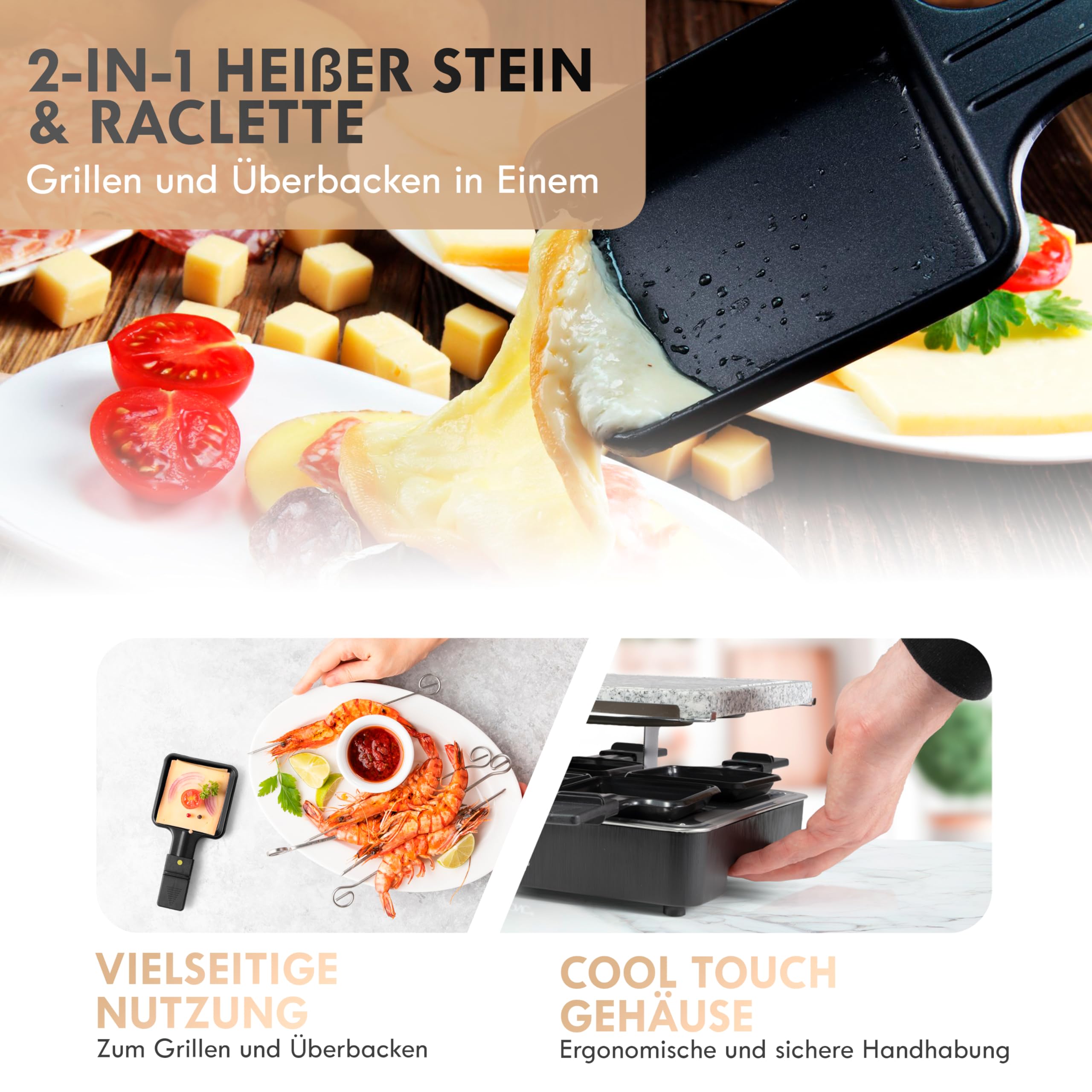 Clatronic RG 3518 - Raclette grill con piedra natural y placa reversible, 8 personas, 1400 W, color negro
