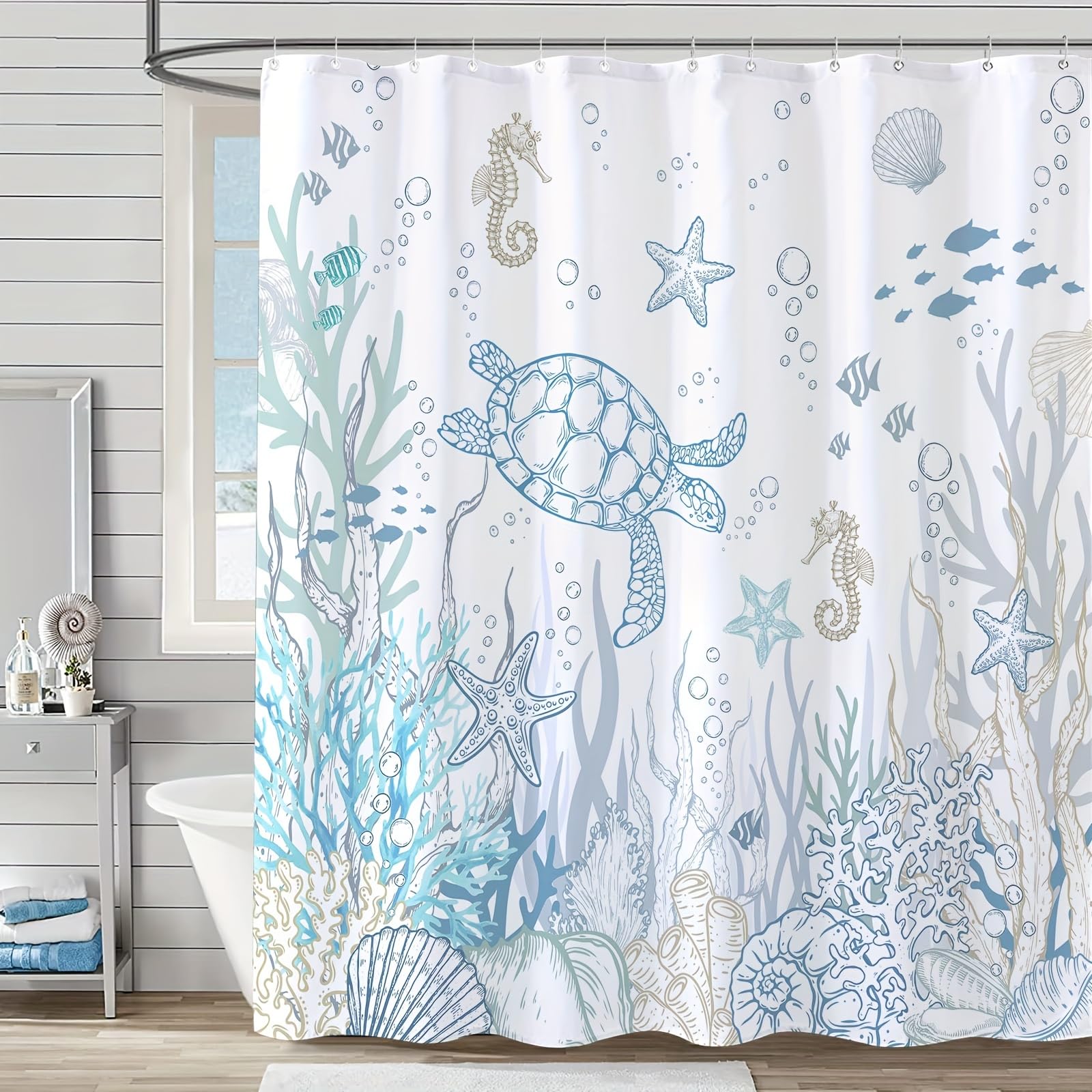 GLKSDLPO Nautical Coastal Turtle Shower Curtain - Ocean Themed with Coral, Starfish & Seahorse, 12 Hooks, Bathroom Decor(175x178cm/69x70in(WxH))