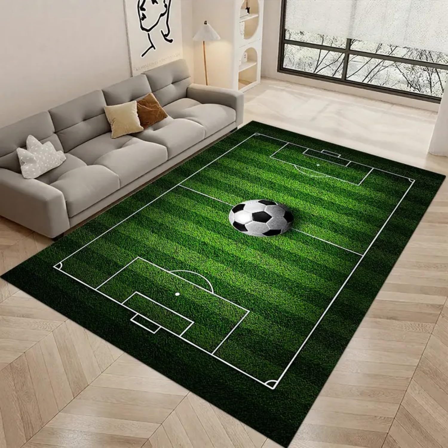 USHIRUG Football Field Area Rug,160x200cm, Sports Themed Home Decor Soccer Rugs for Living Room Bedroom Indoor, Non-Slip Washable Pet and Child Friendly Rugs for Dining Room Kitchen Floor Mats