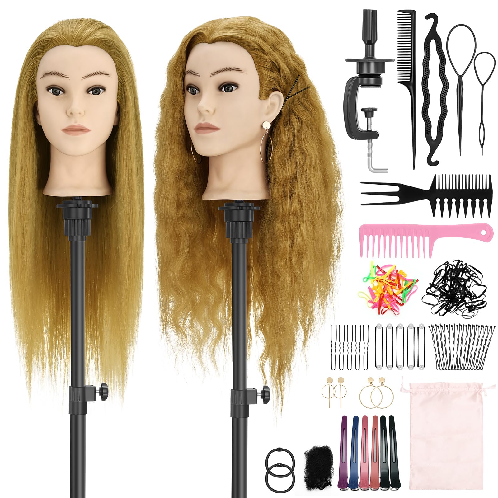 Yekavo Hairdressing Head, Hair Mannequin Head with 90% Real Hair 61cm/24in, Doll Head for Hair Styling Cosmetology&Training