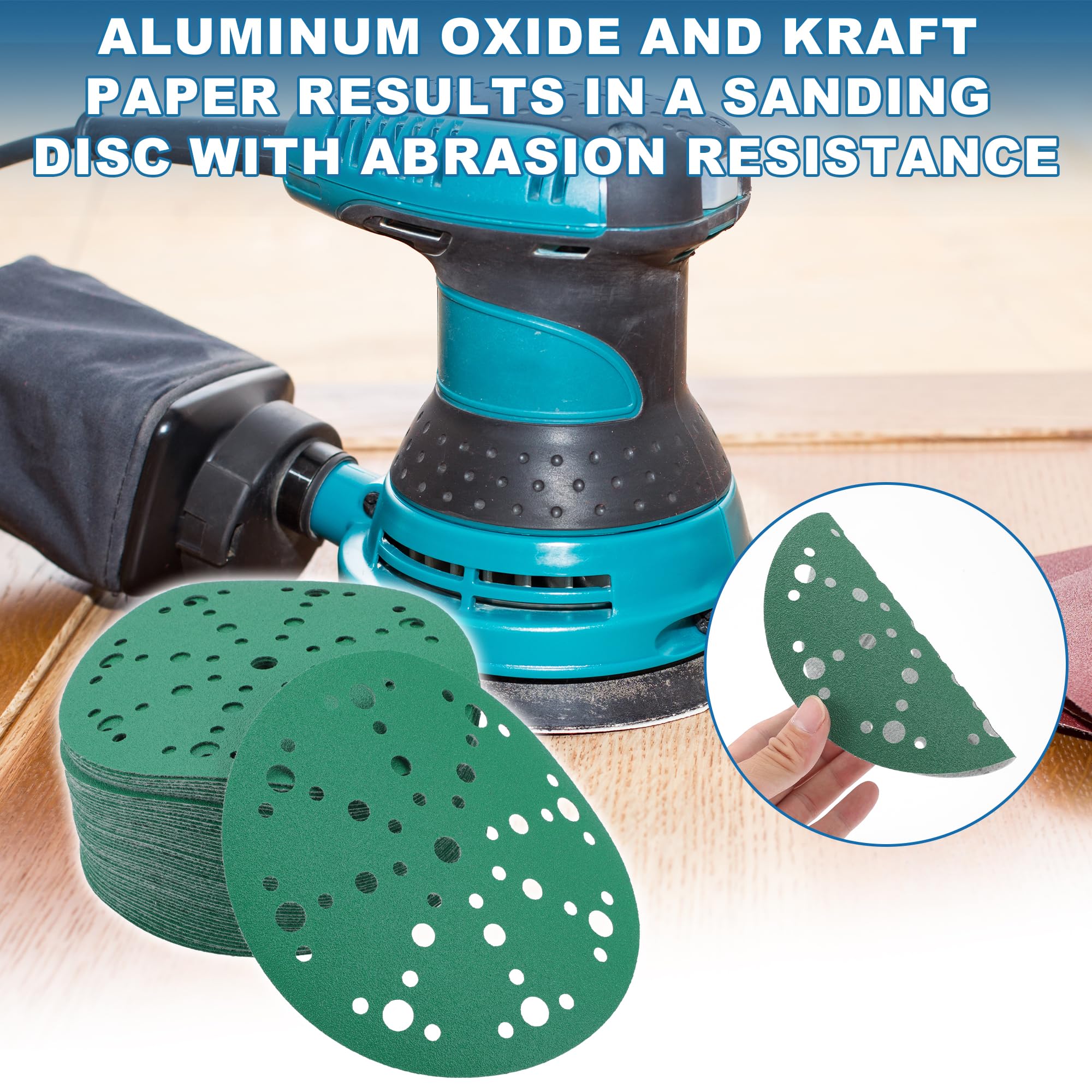 A ABSOPRO Sanding Discs 6 Inch 49 Hole 120 Grit Round Hook and Loop Sandpaper Aluminum Oxide Green 50pcs, 6" - Image 2