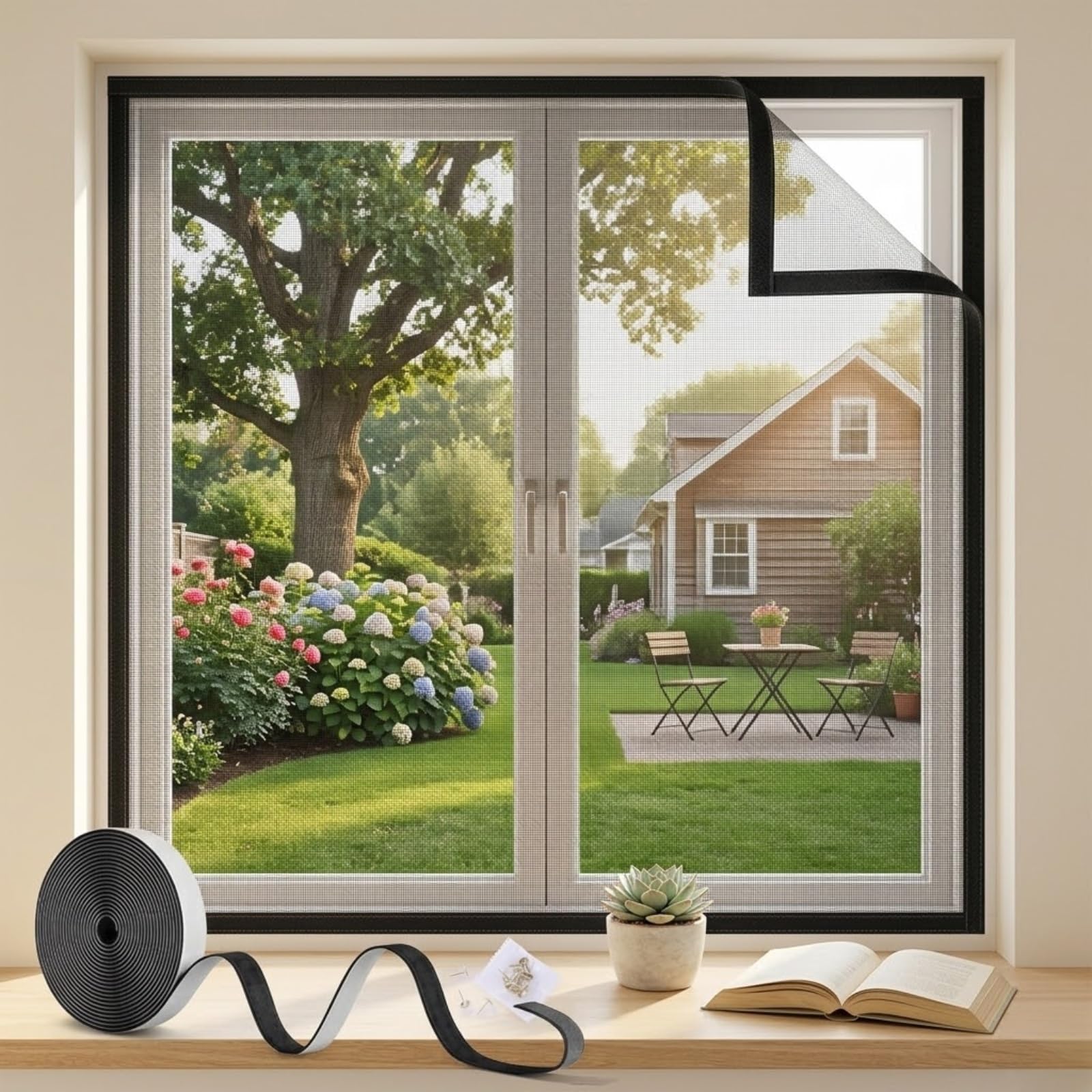 Insektenschutz Fenster Fliegengitter Ohne Bohren, Selbstklebendes Moskitonetz mit Klettband, Langlebiges Fiberglas Mückengitter Atmungsaktiv für Zuhause(Black,160x290cm)