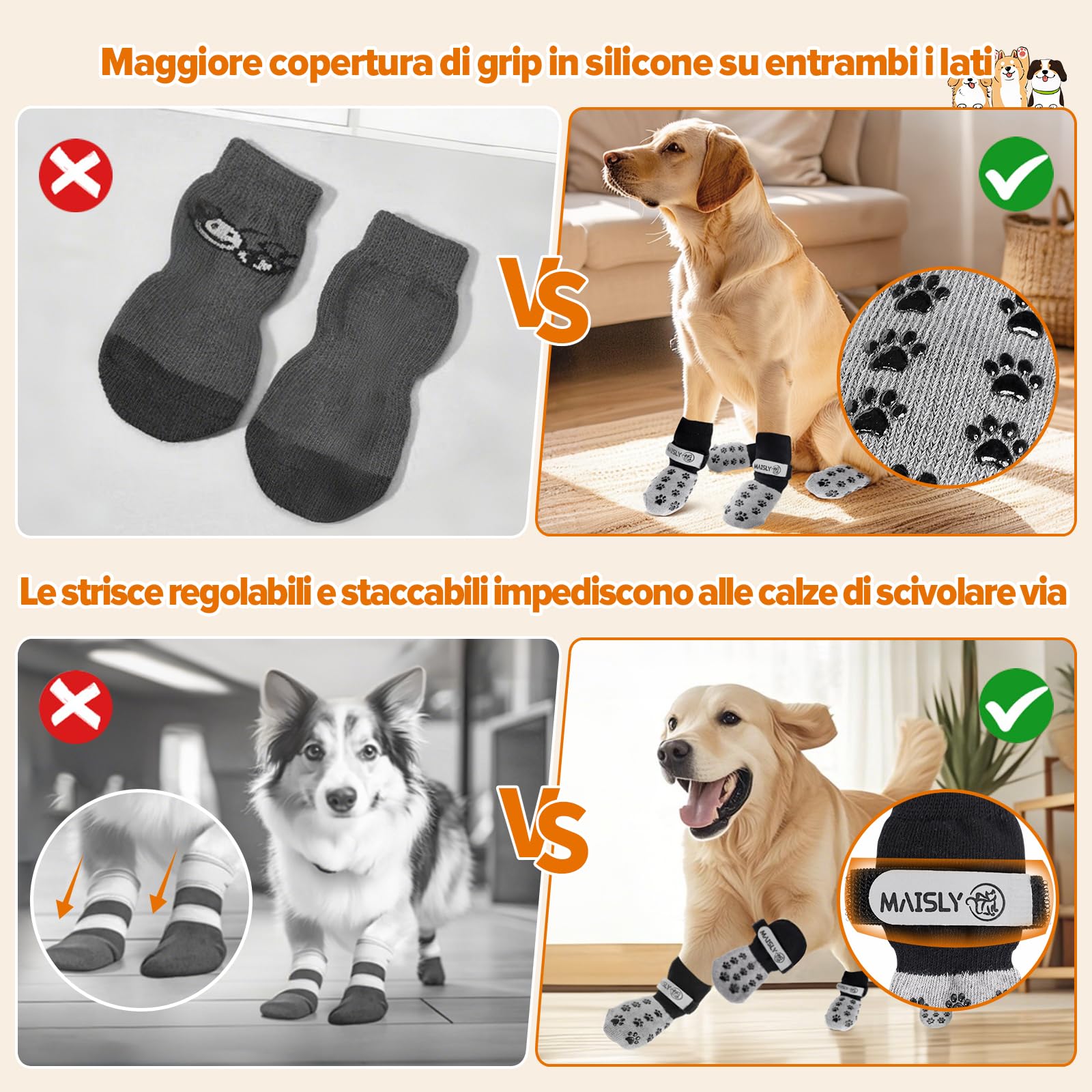Maisly 5 Calzini Antiscivolo su Entrambi i Lati con Cinghie Regolabili per Interni ed Esterni, Protezione Zampe e Controllo della trazione su Pavimenti in Legno Duro (XL)