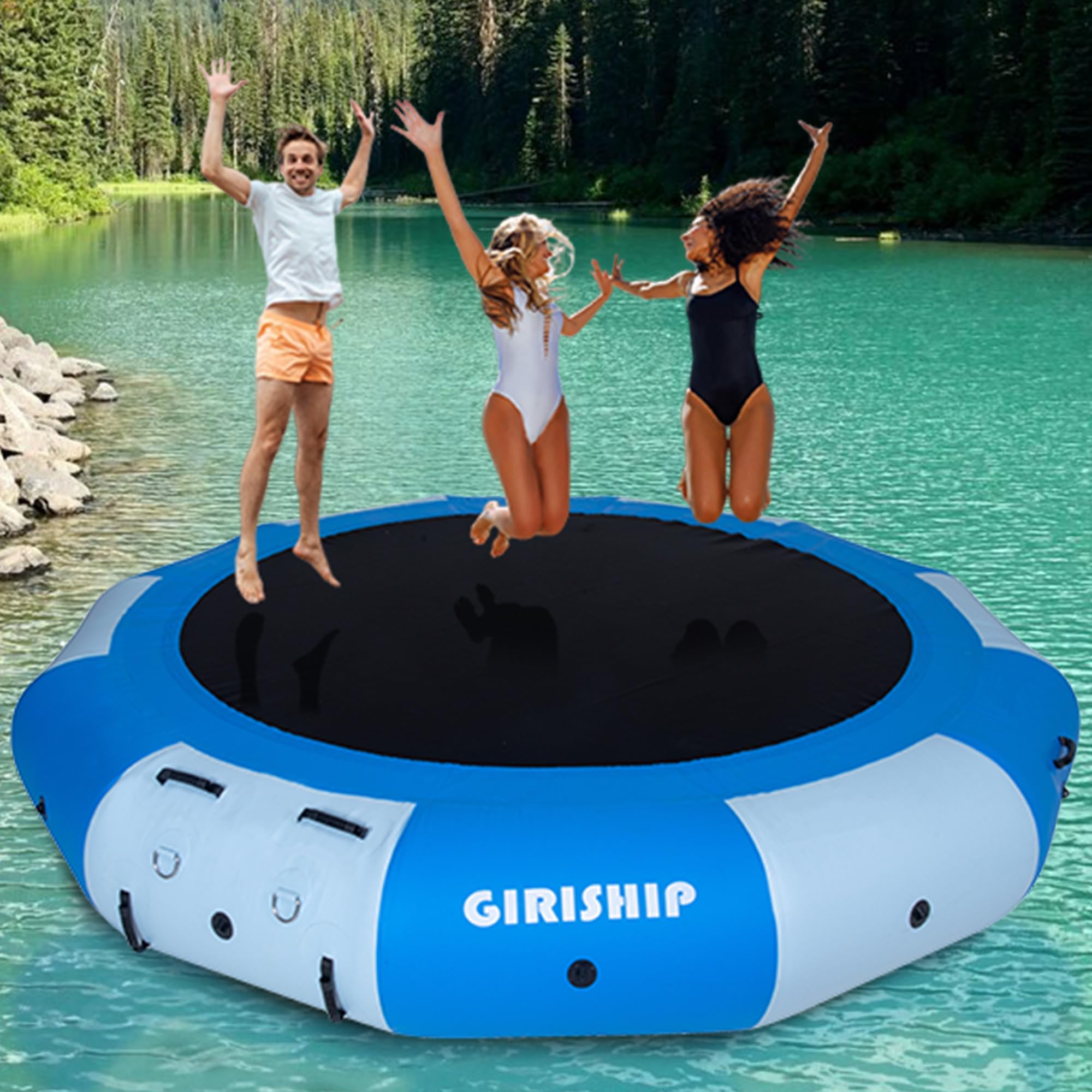 Inflatable Water Trampoline,12FT Floating Lake Trampoline for Adults Portable Bounce Swim Platform for Lake, Pools with Pump and Rope Ladder (Pale Blue)