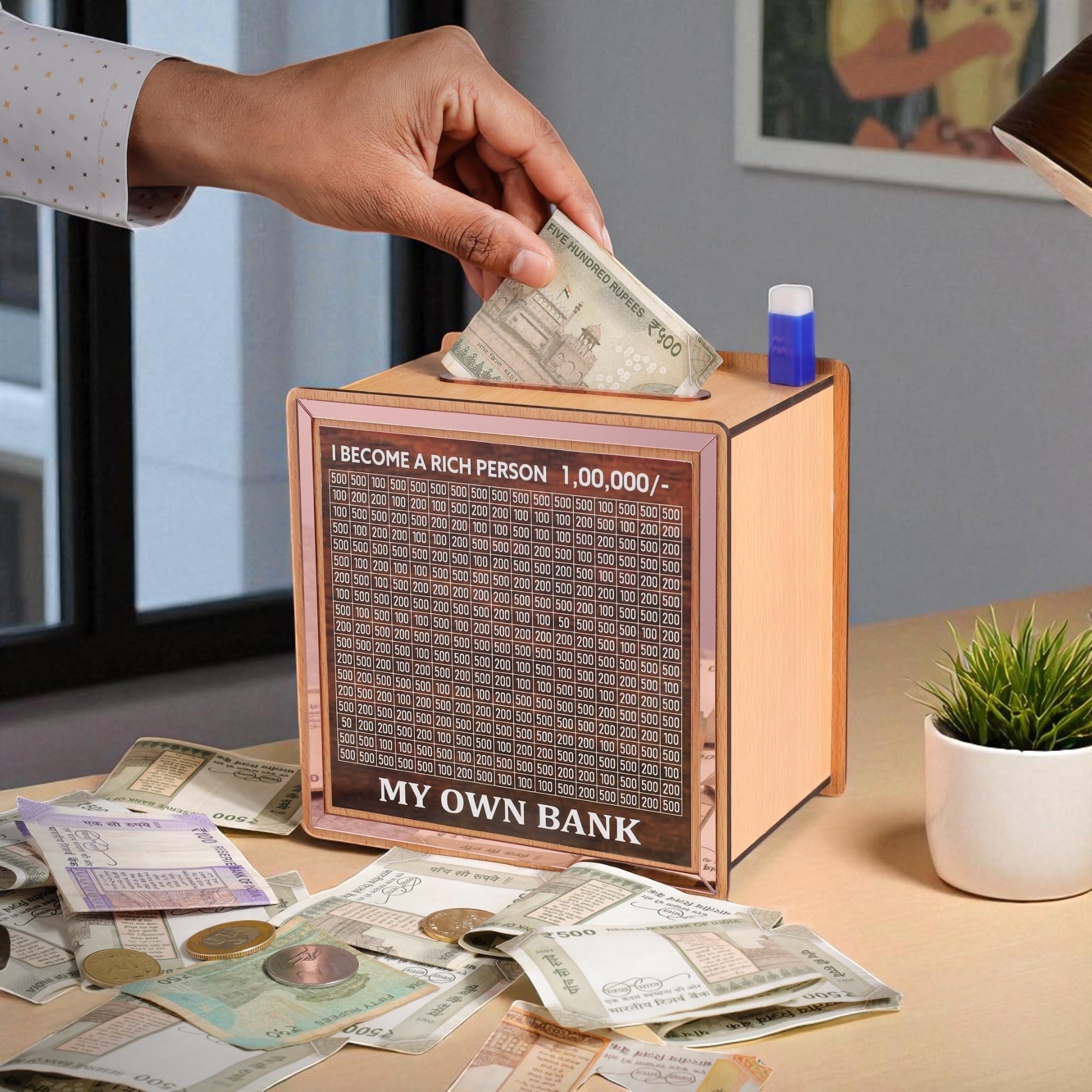 LASER ART My Own Bank Wooden Saving Box – ₹1,00,000 Target Money Tracker | Smart Coin & Note Saving Bank for Kids & Adults | Goal-Oriented Piggy Bank (Motivational Design) (Combo Pack of 2) 2