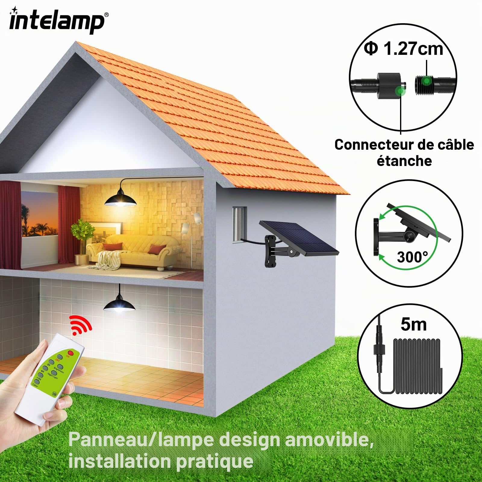 INTELAMP Lampes solaires à suspendre pour l'extérieur et l'intérieur - Lampe solaire LED avec télécommande - Étanche - Pour tentes, pavillons, entrepôts, poulaillers avec câble de 5 m