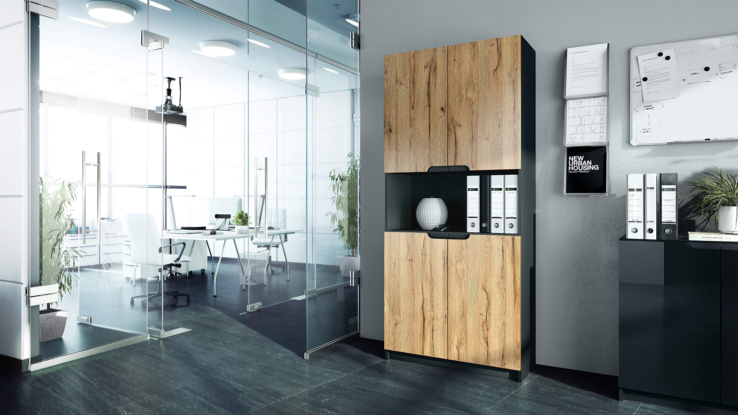 Vladon Étagère de Bureau Logan V2, Armoire de Rangement avec 5 Compartiments et 4 Portes, Noir Mat/chêne Nature (82 x 184 x 37 cm)