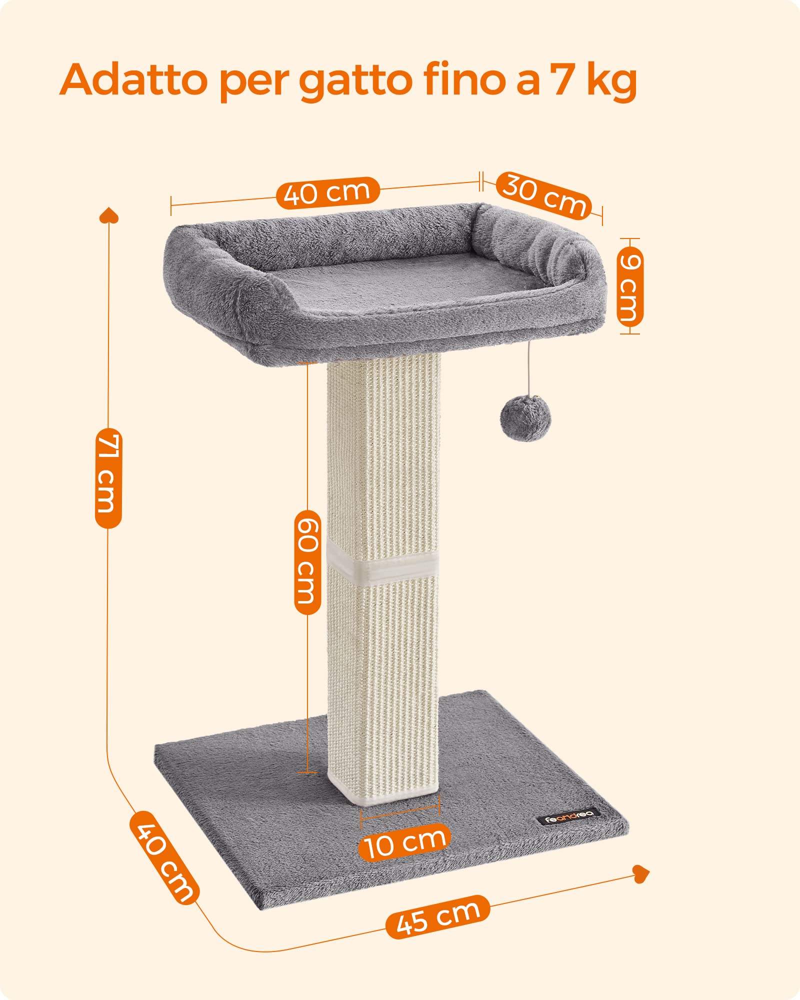 Feandrea Albero per Gatti, Tiragraffi con Piattaforma in Peluche da 40 x 30 cm, Graffiatoio per Gatti, Alto 71 cm, Colonna con Sisal Intrecciato, Base 45 x 40 cm, con Pompon, Grigio Chiaro PCA022W01