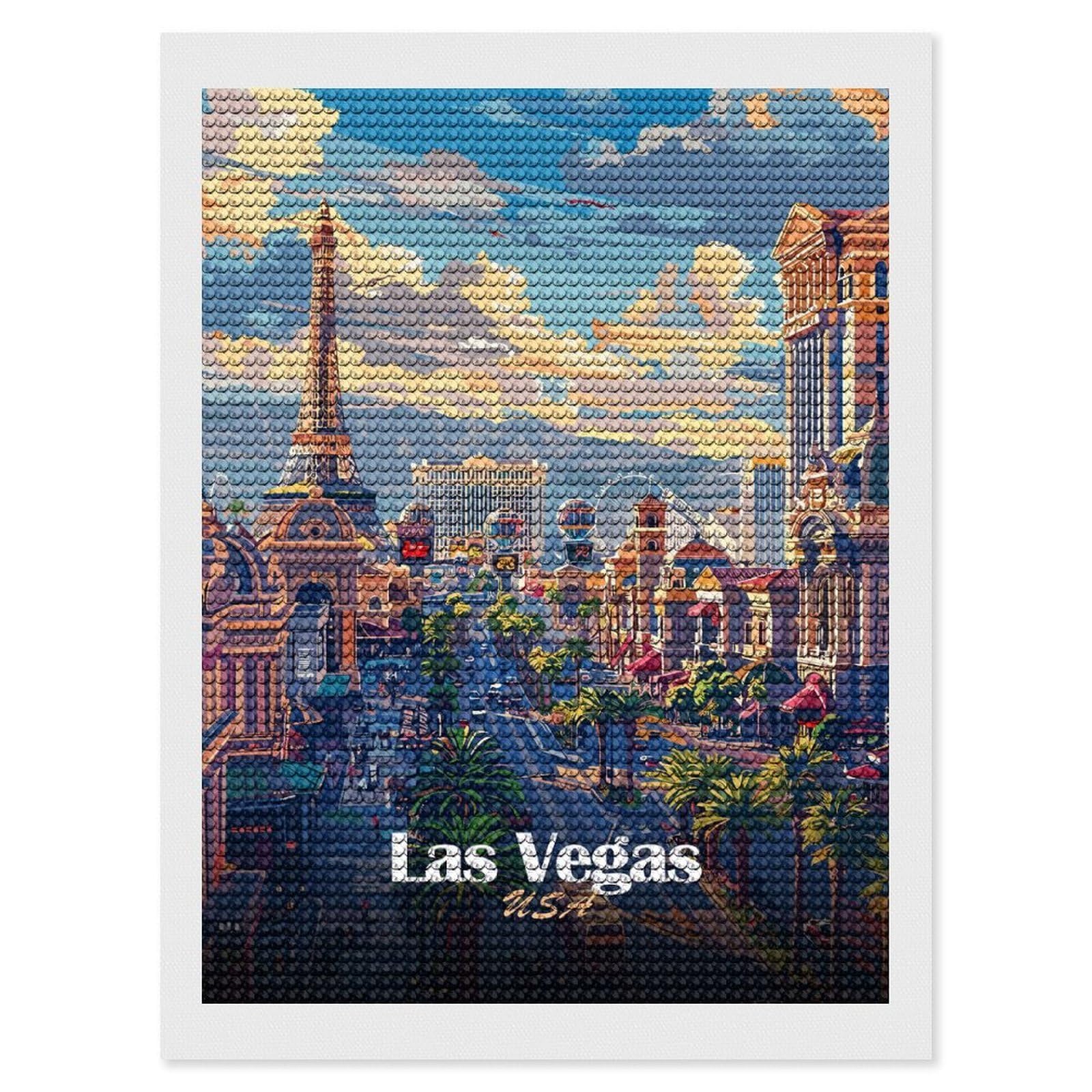 Junmoney Las Vegas Cityscape Illustration Full Drill Diamond Painting Kit 12"x16", Sparkling Round Gems, Decorate Your Room, Mindful Craft Activity