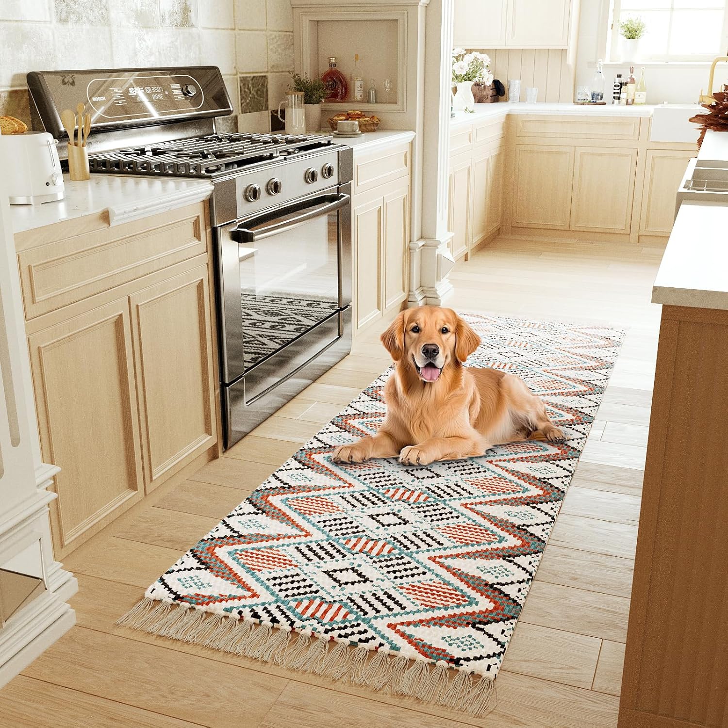 H.VERSAILTEX Handwoven 2x5 ft Boho Runner Rug with Tassels - Low Pile Easy Clean Washable Entryway Rug, Non-Slip Kitchen Runner for Hallway, Laundry Room, Corridor - Floor Mat(1 Pack,Orange/Blue)