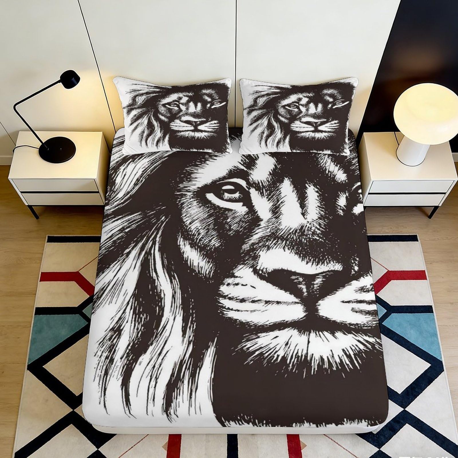 3D Printed Lion Face Fitted Sheet Microfiber Soft Breathable Lion Head Bed Cover for Bedroom Dormitory Guest Room Mattress Protection Decor 120x200x25cm