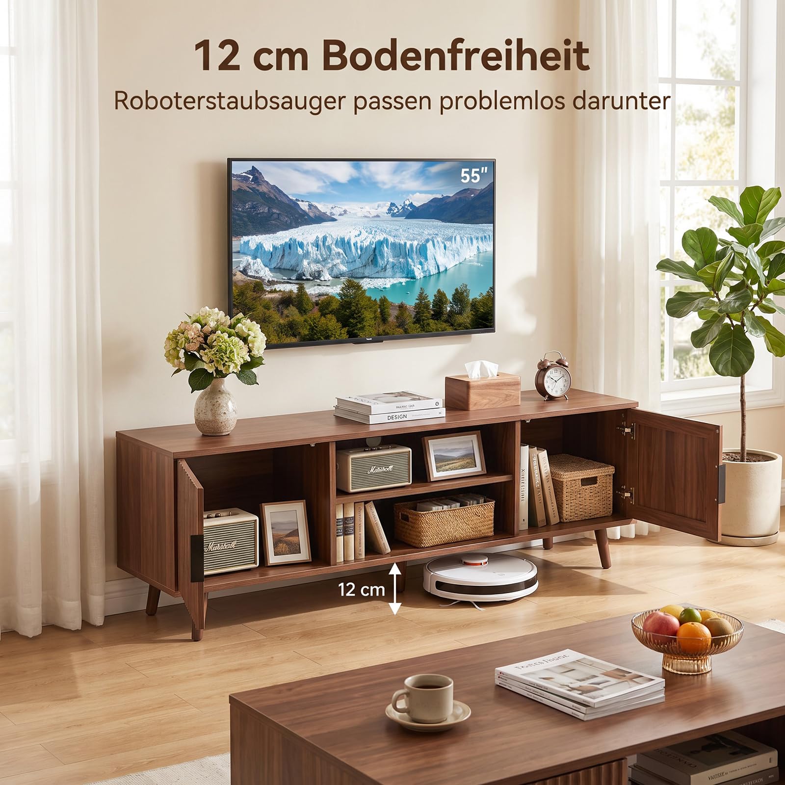 HAINEW Mobile TV basso con 2 ante, noce, 138 x 39 x 49 cm, D26082709