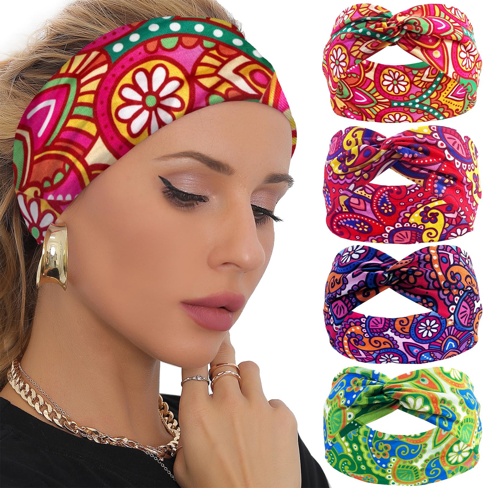 Fascia per capelli bohémien da donna, multicolore, larga, per yoga, allenamento, fasce per capelli da donna, antiscivolo, estive, accessori decorativi per lo styling (confezione da 4)