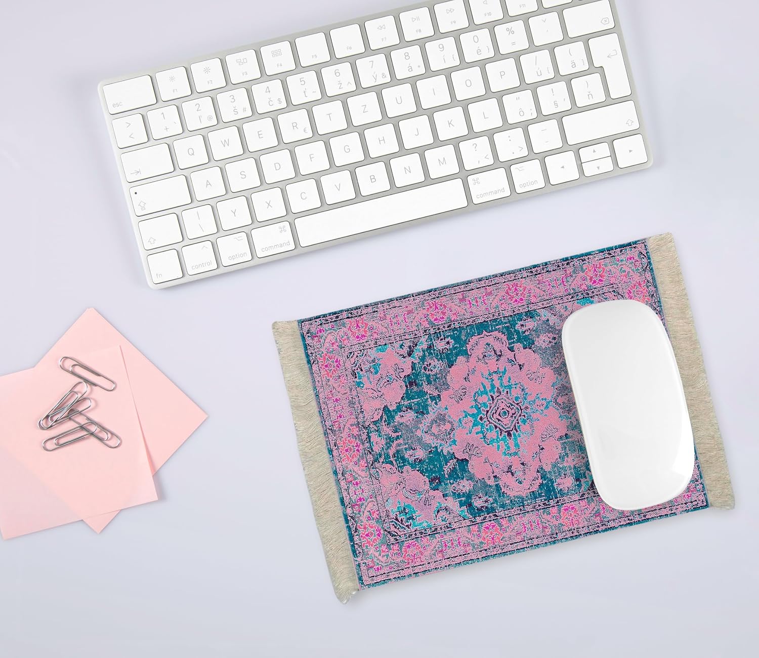 Infusion Oriental Rug Fringe-Trim Mouse Pad – Pink & Blue Persian-Inspired Design, Non-Slip Backing, Stylish Desk Accessory image 3
