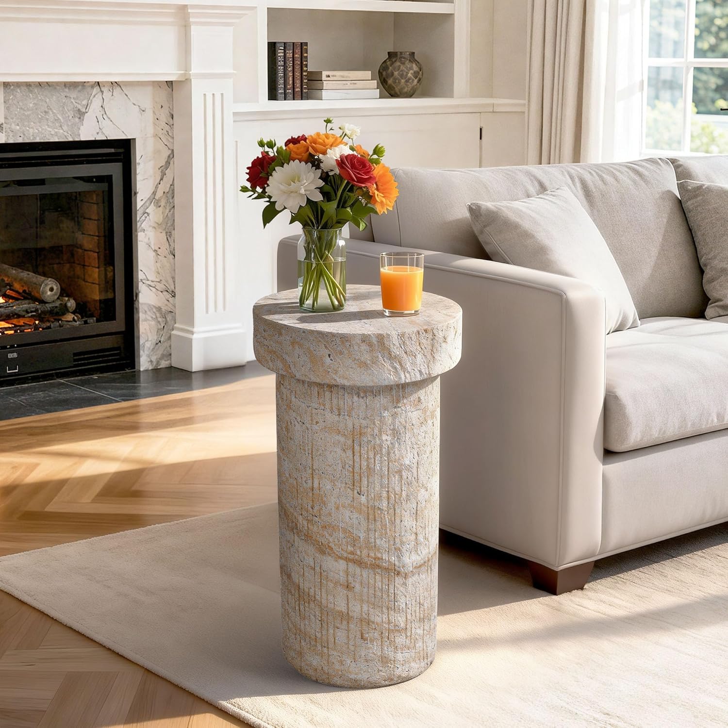 Side Table, 24" Travertine Pedestal End Table, 3-in-1 Durable Lightweight Outdoor Round Coffee Table, Decorative Patio Accent Table Fluted Garden Stool Art Decor for Balcony, Living Room, Beige