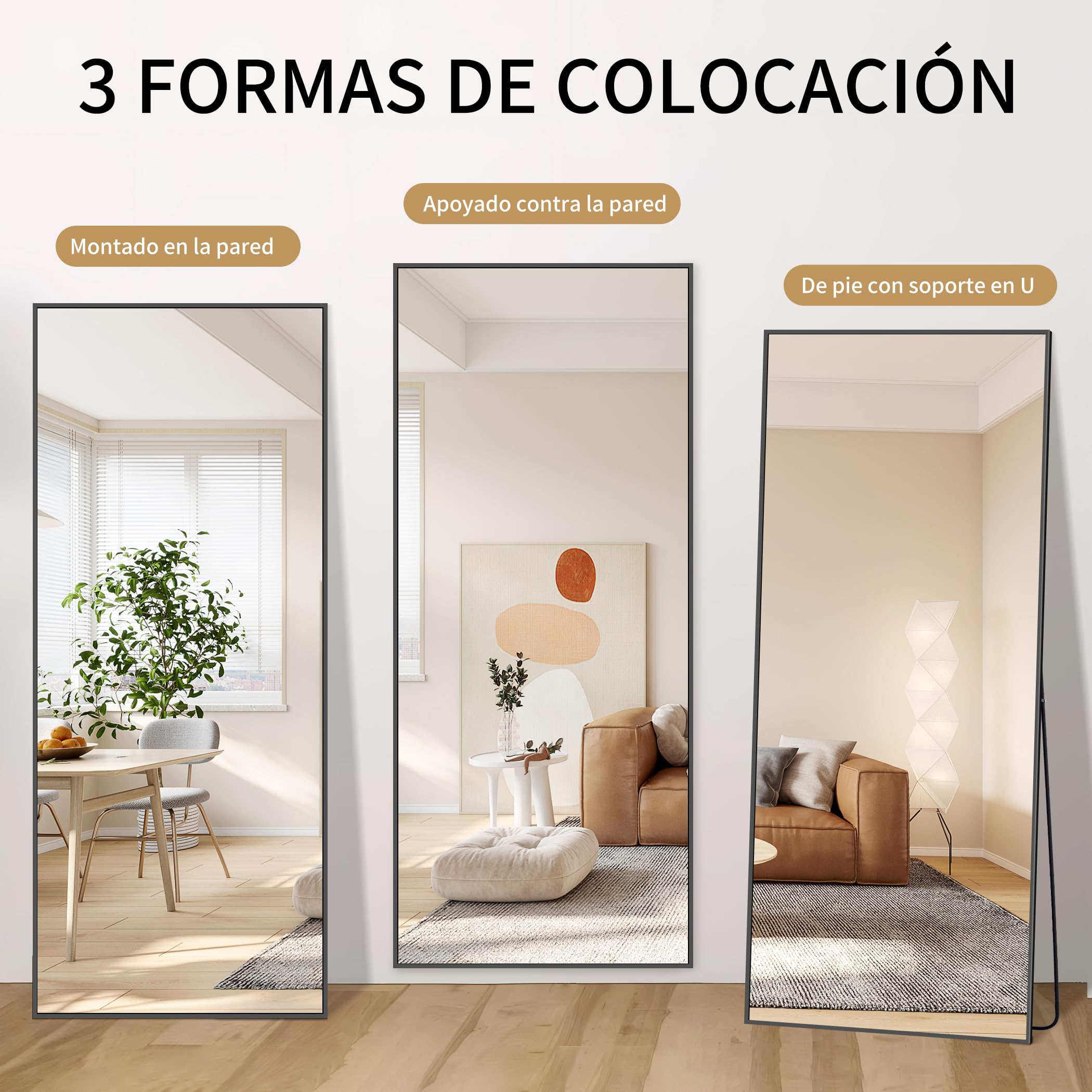 KOCUUY Espejo de Cuerpo Entero 52 x 161 cm, Rectangular Espejo de Pared Grande para Colgar, de Pie, Apoyado Espejo de Pie Grande con Marco Negro para SalóN, Dormitorio, Pasillo