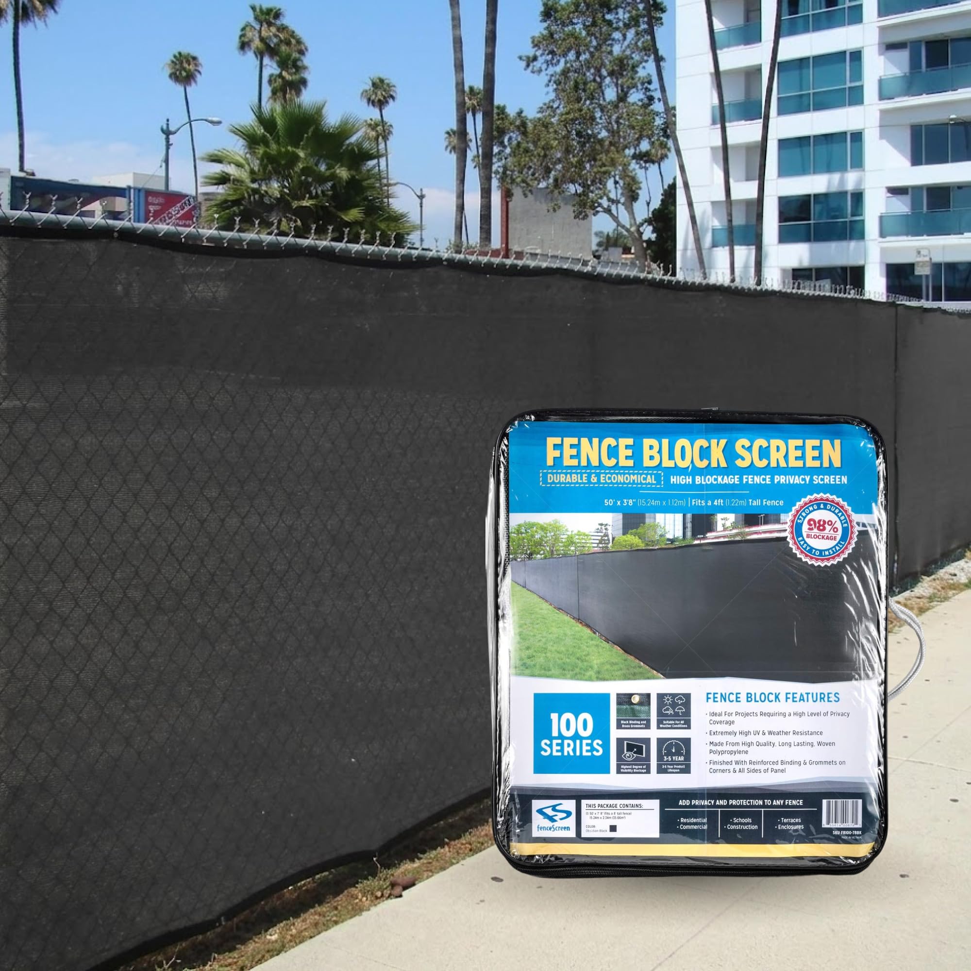 Extreme 98% Blocco Fence Privacy Screen, Carbon Black, 50-ft x 4-ft