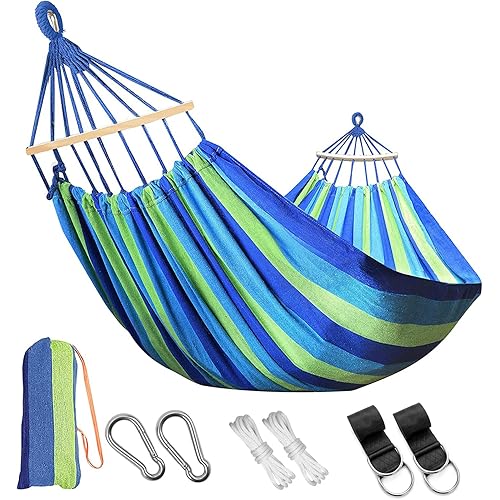 MEELOTOP Comfortable Large Brazilian Double Canvas Hammock, Fabric Camping Hammock with Portable Bags Ropes for Hanging Tree, Blue 2 People Hammock for Outdoor Patio Backyard Garden Indoor