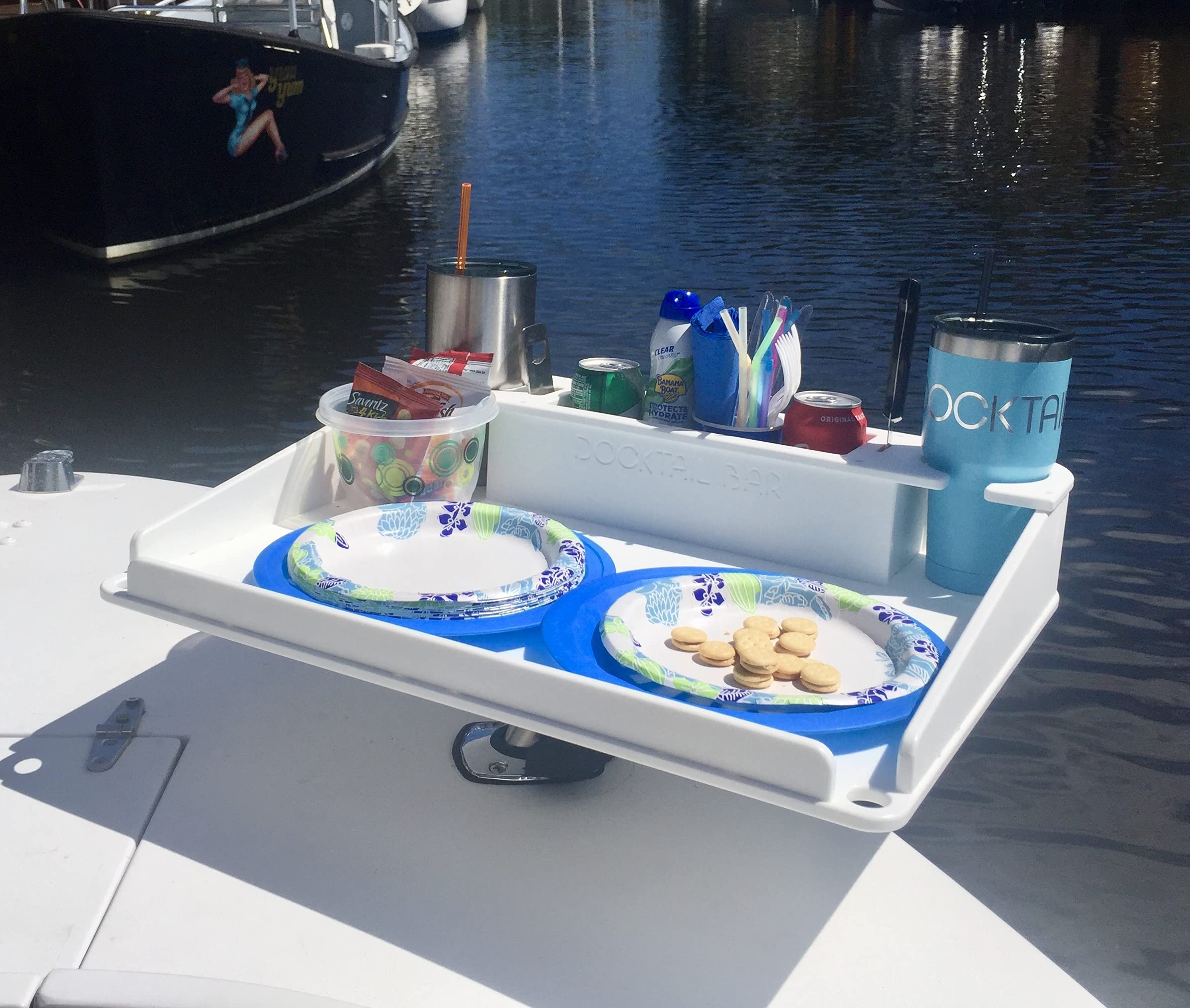 Boat Utility Table with Cup Holders and Storage Mounts in Rod Holders Package Includes Fully