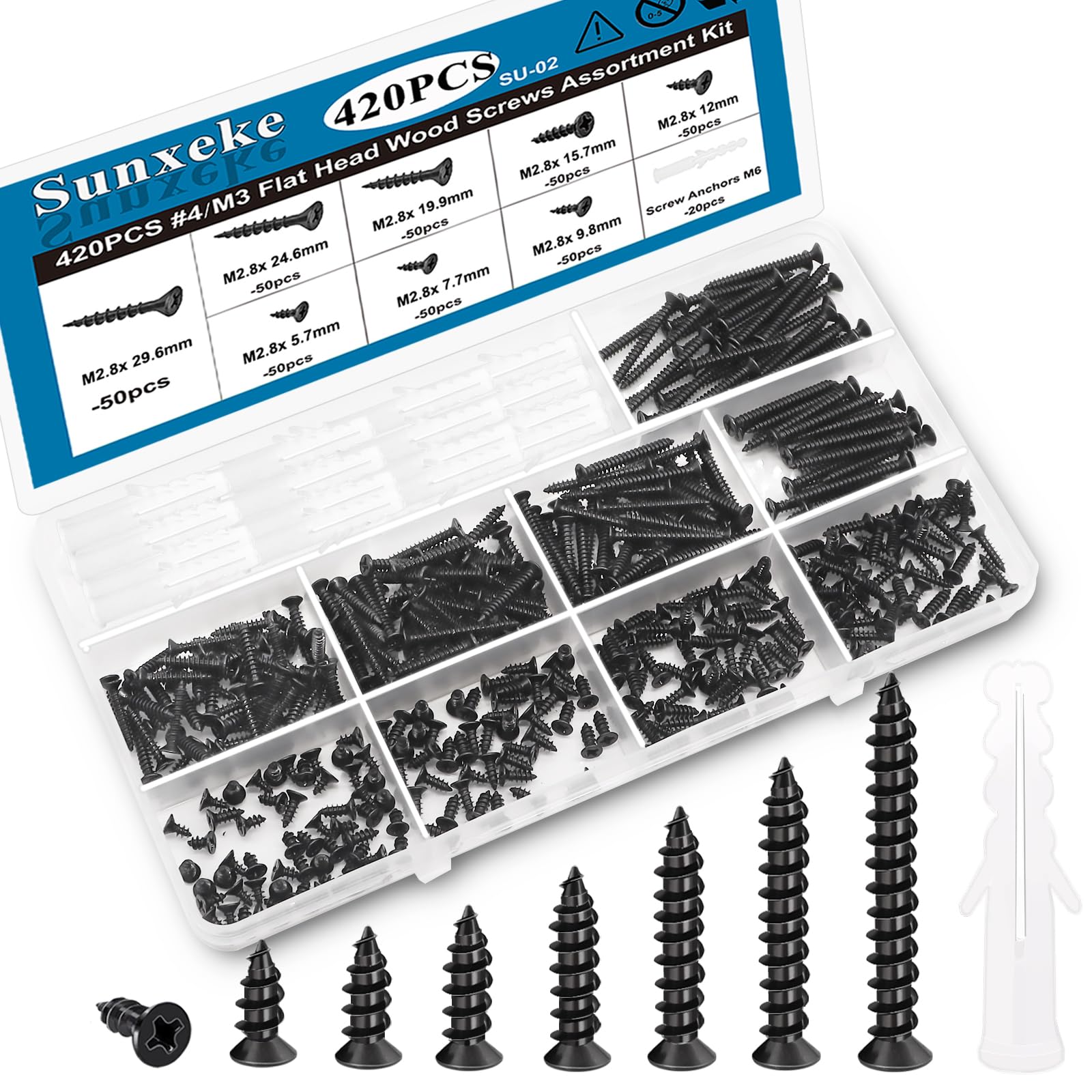 Sunxeke 420PCS M3 Small Wood Screws Assortment Kit,Phillips Drive Flat Head Self-Tapping Screws, Black Short Screws Set with 20pcs M6 Screw Anchors