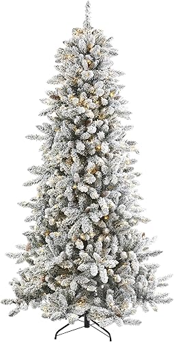 Miniatura 12 de Nearly Natural Árbol de Navidad artificial de abeto Livingston flocado de 9 pies con piñas y 650 luces LED cálidas transparentes