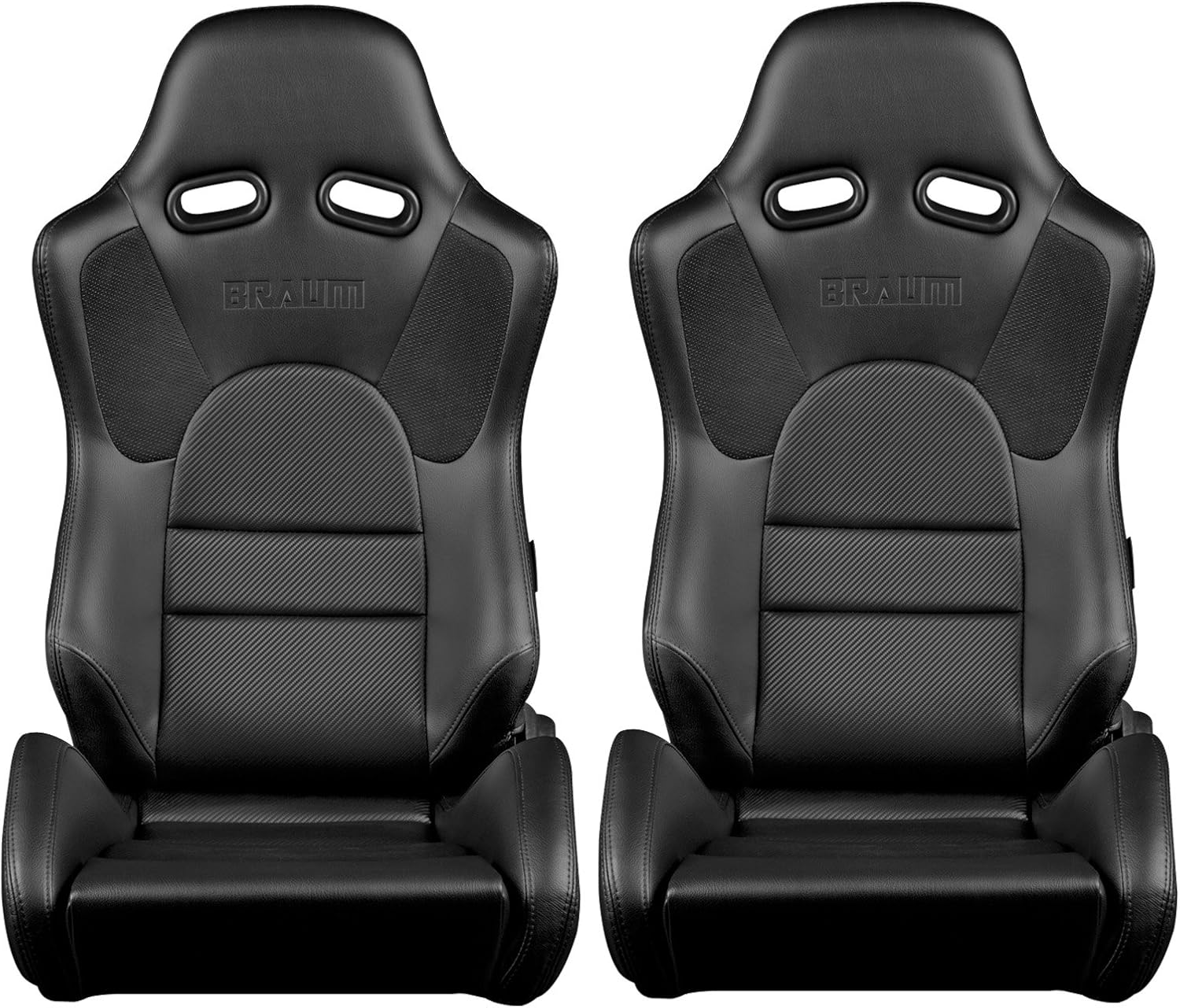 BRAUM Blk Leather Carbon Fiber Mix Racing Seats w/ Blk Fabric & Blk Stitch -Pair
