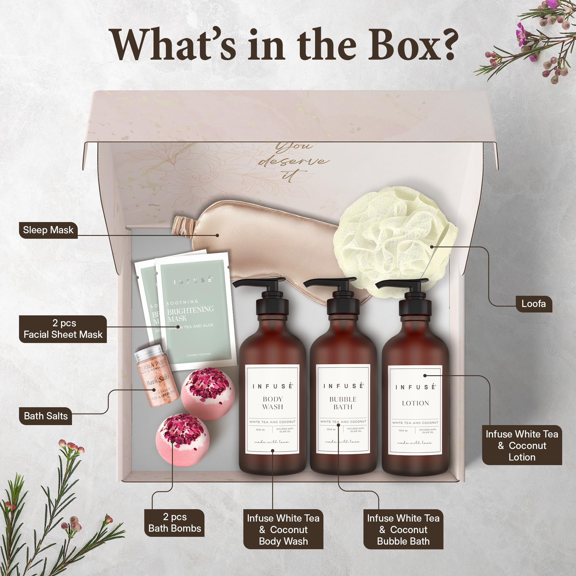 17-Piece Luxury Gift Set with Robe | Complete INFUSÉ White Tea & Coconut Bath Collection | Self-Care Kit with Bath Bombs, Face Masks & Hair Care | Bridesmaid, Mom, Wife, Grandma or Loved Ones