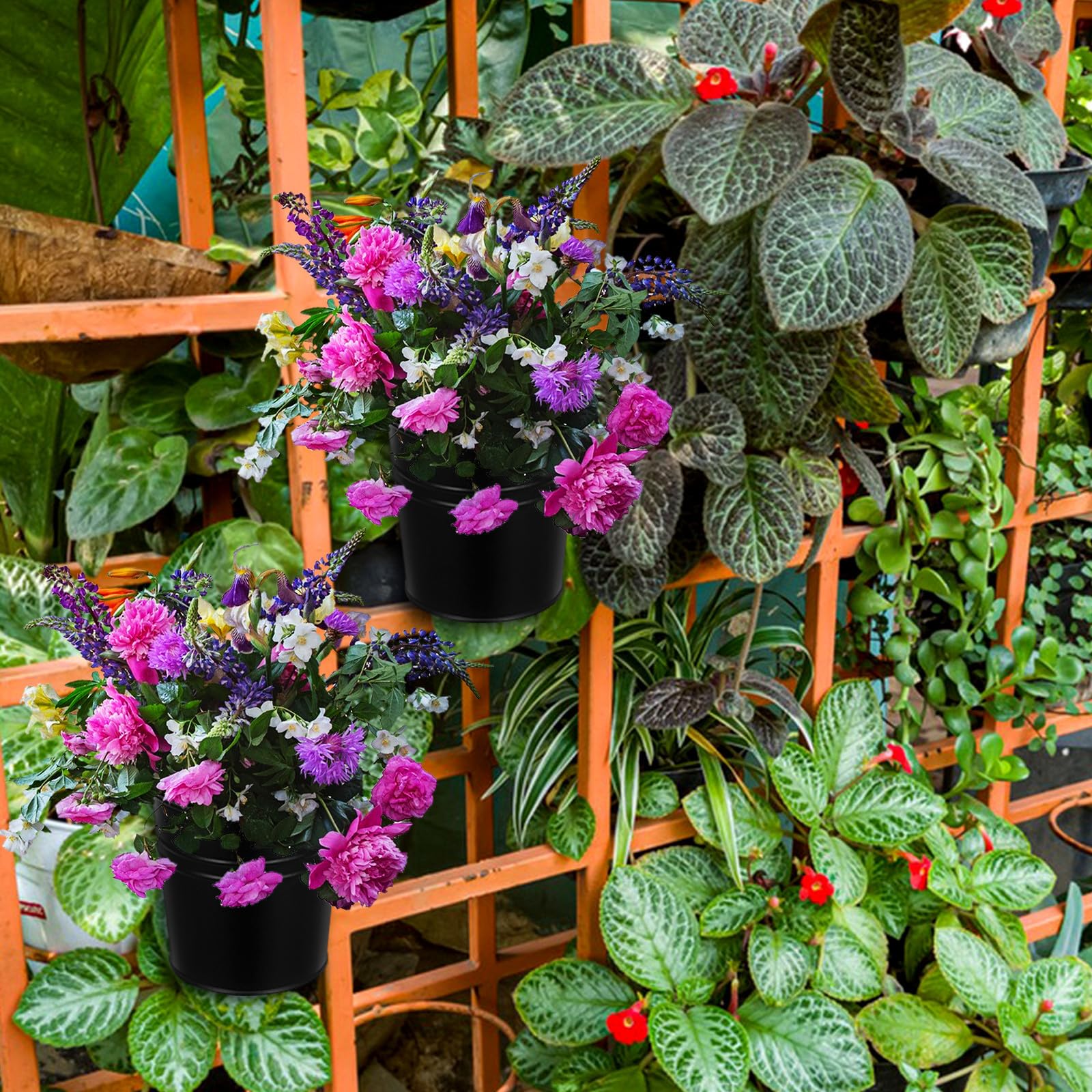 Abaodam 6 Vasi Sospesi in Metallo Nero, Piccola Fioriera Sospesa Foro Drenaggio, Portavasi da Esterno per Balconi e Recinzioni, Set da 6 per Decorazioni Giardino