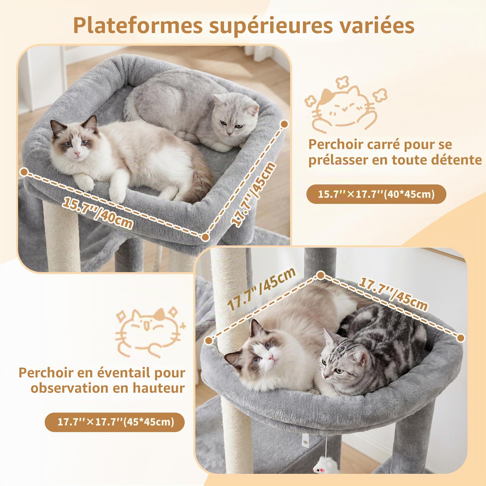 Heybly Arbre à Chat pour Grands Chats 151cm 2 Niches et Perchoirs HCT055W | Base Élargie 76 x 43 cm, Hamac Suspendu, 6 Poteaux en Sisal, Sangle Anti-Basculement, Pour l’Intérieur, Gris Clair