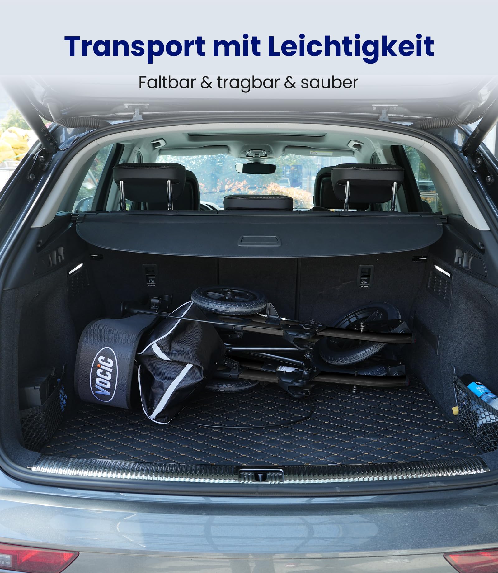 VOCIC Rollator Faltbar und Leicht mit Sitz Z52 Outdoor Walker Allen Gelände | Gummi-Nonluftbereifung, Aluminium Höhenverstellbare Rollatoren für Draußen & Langlauf & Reisen, Schwarz(5 Jahre Support)