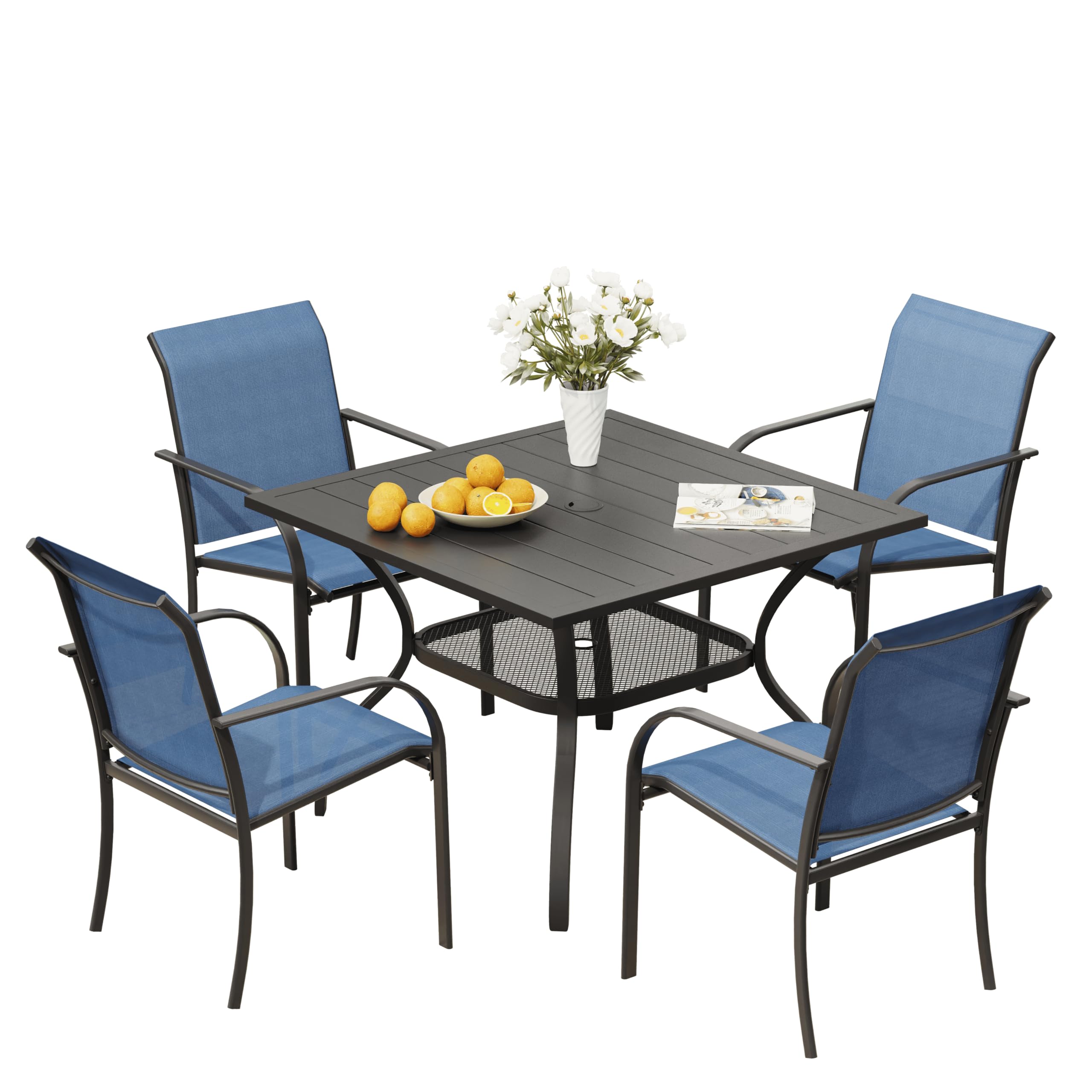 VICLLAX 5 Pieces Patio Dining Set, Patio Furniture Set of 4 Patio Stackable Dining Chairs and Outdoor Metal Square Table with Storage Shelf, Blue