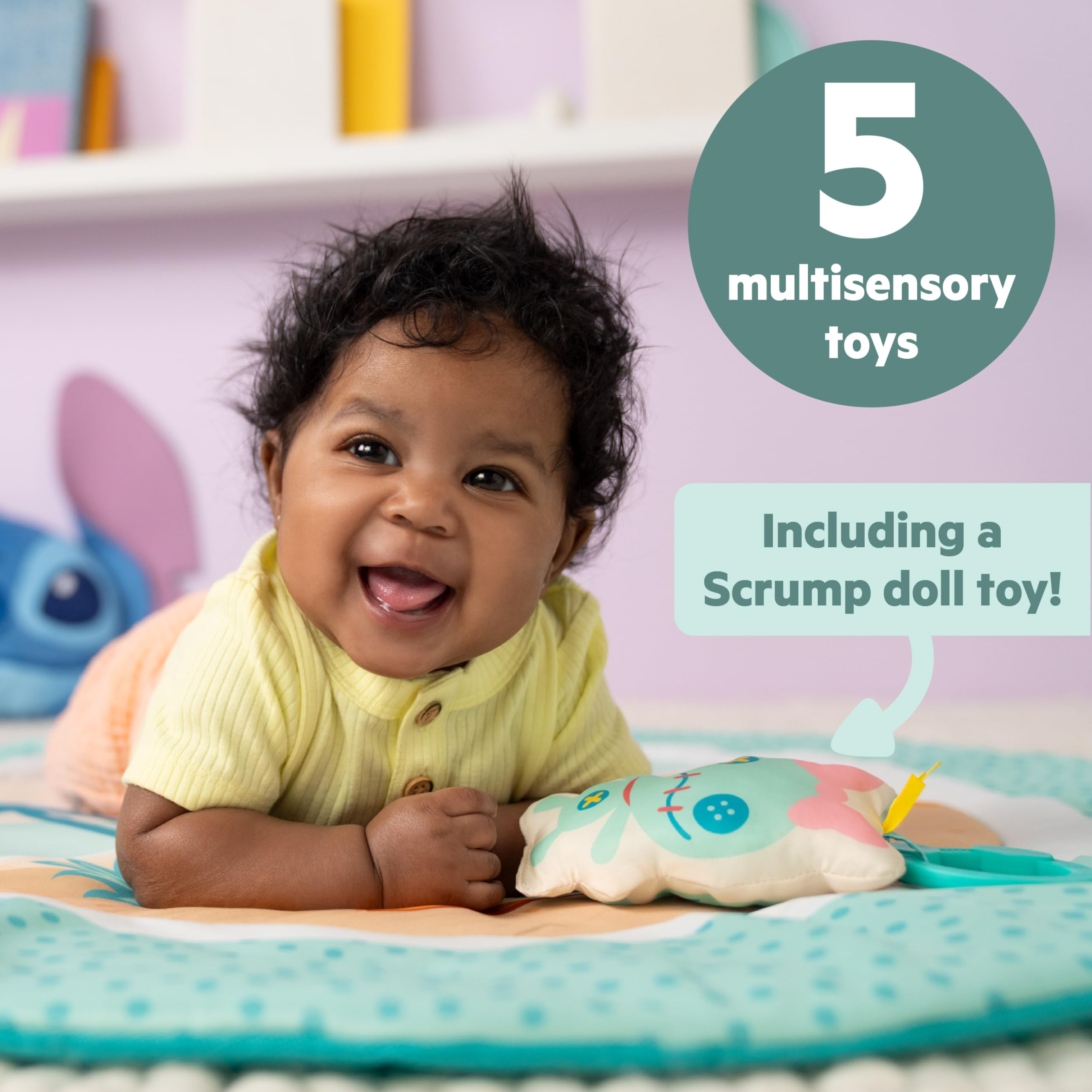 Bright Starts Disney Baby Stitch Party in Paradise - Palestrina multiattività con cuscino per tummy time e 5 giochi portatili, 0+ mesi