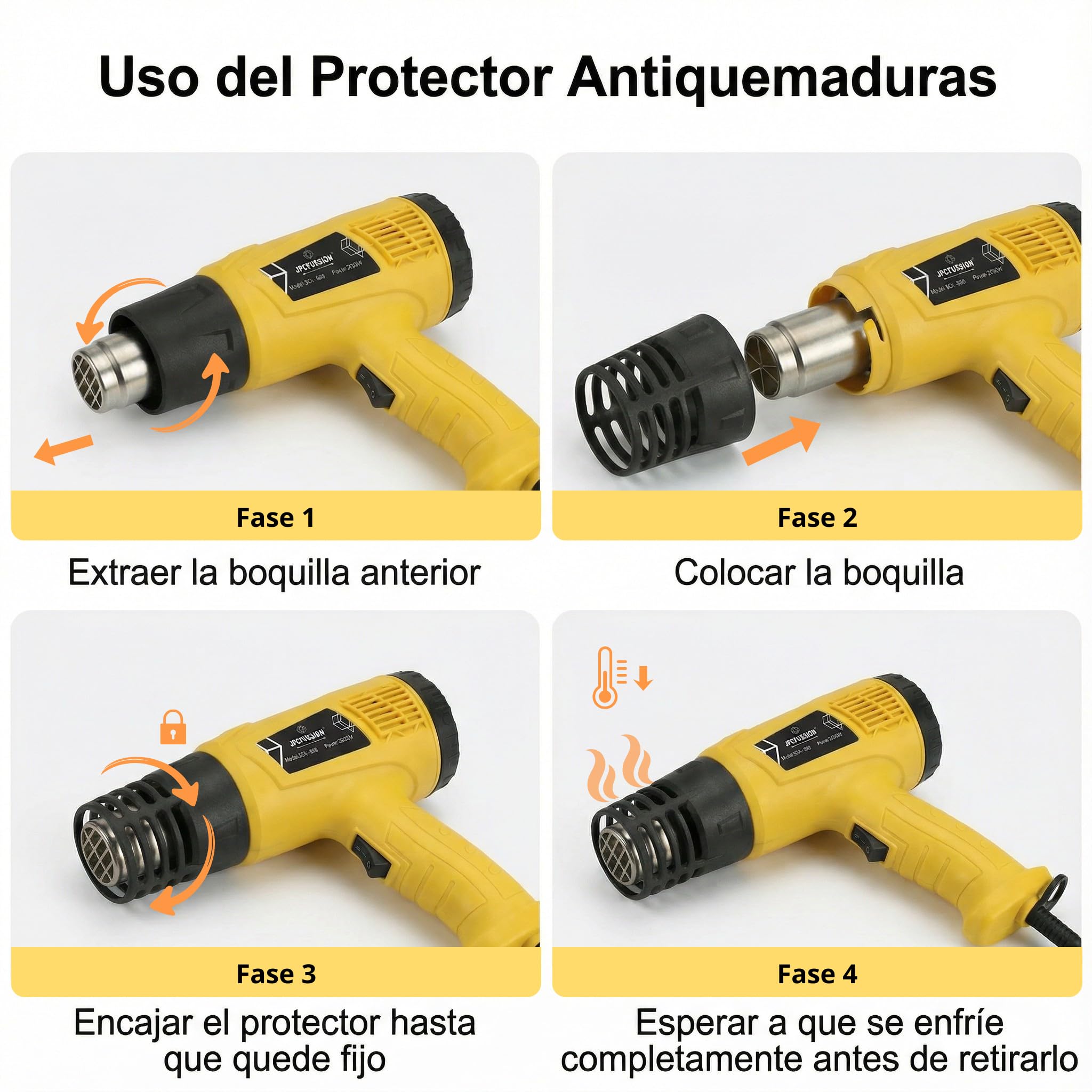 Pistola de Calor 2000W | 2 Niveles de Temperatura 400–600 °C | Pistola de Aire Caliente KIT PREMIUM con Protector Anti-Quemaduras y 4 Boquillas | Manual en Español