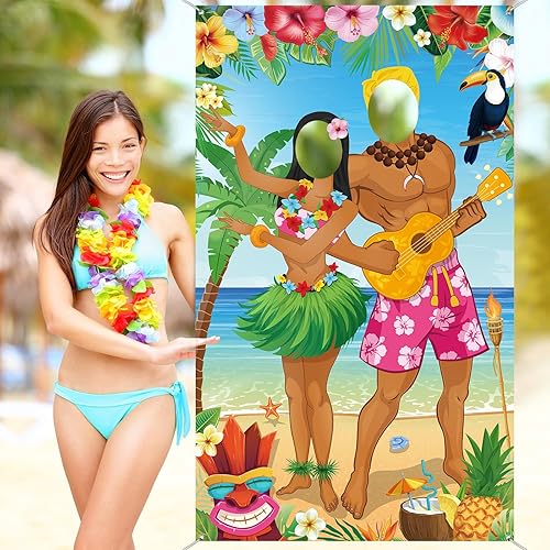 Vista 4 de Capoda Decoraciones de fiesta hawaiana Luau Pareja Photo Prop Hawaiian Photo Background Fondo Tropical Beach Prop Pareja Puerta Banner para Verano