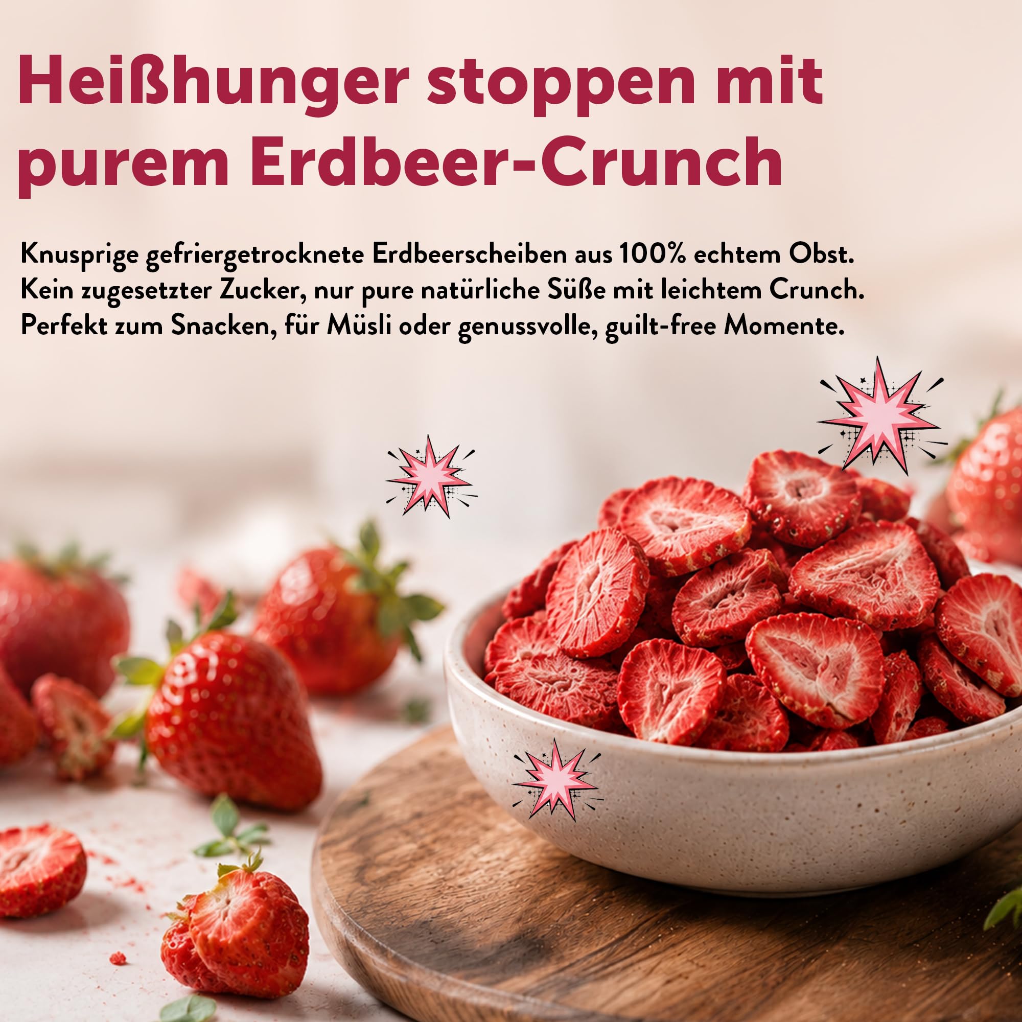 KULTSNACK Gefriergetrocknete Erdbeerscheiben – 500g – Getrocknete Erdbeeren – Als Snack & für Müslis – Süßigkeiten Ersatz – ohne Zuckerzusatz – Pure Frucht (Vegan, Glutenfrei)