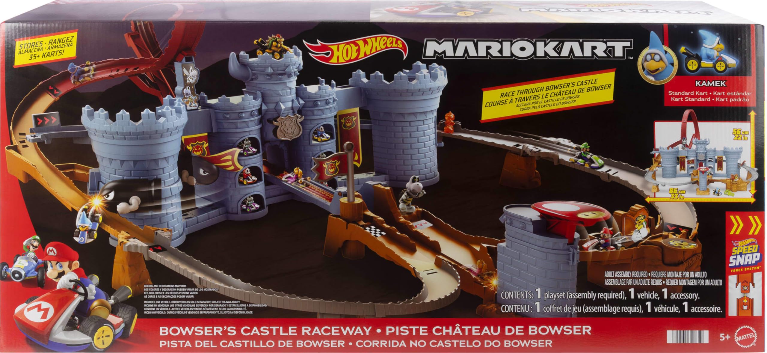 Hot Wheels Mario Kart - Castello di Bowser, set interattivo con lanciatore e macchinina Kamek inclusa, può contenere oltrre 30 veicoli, giocattolo per bambini, 5+ anni, JHD24