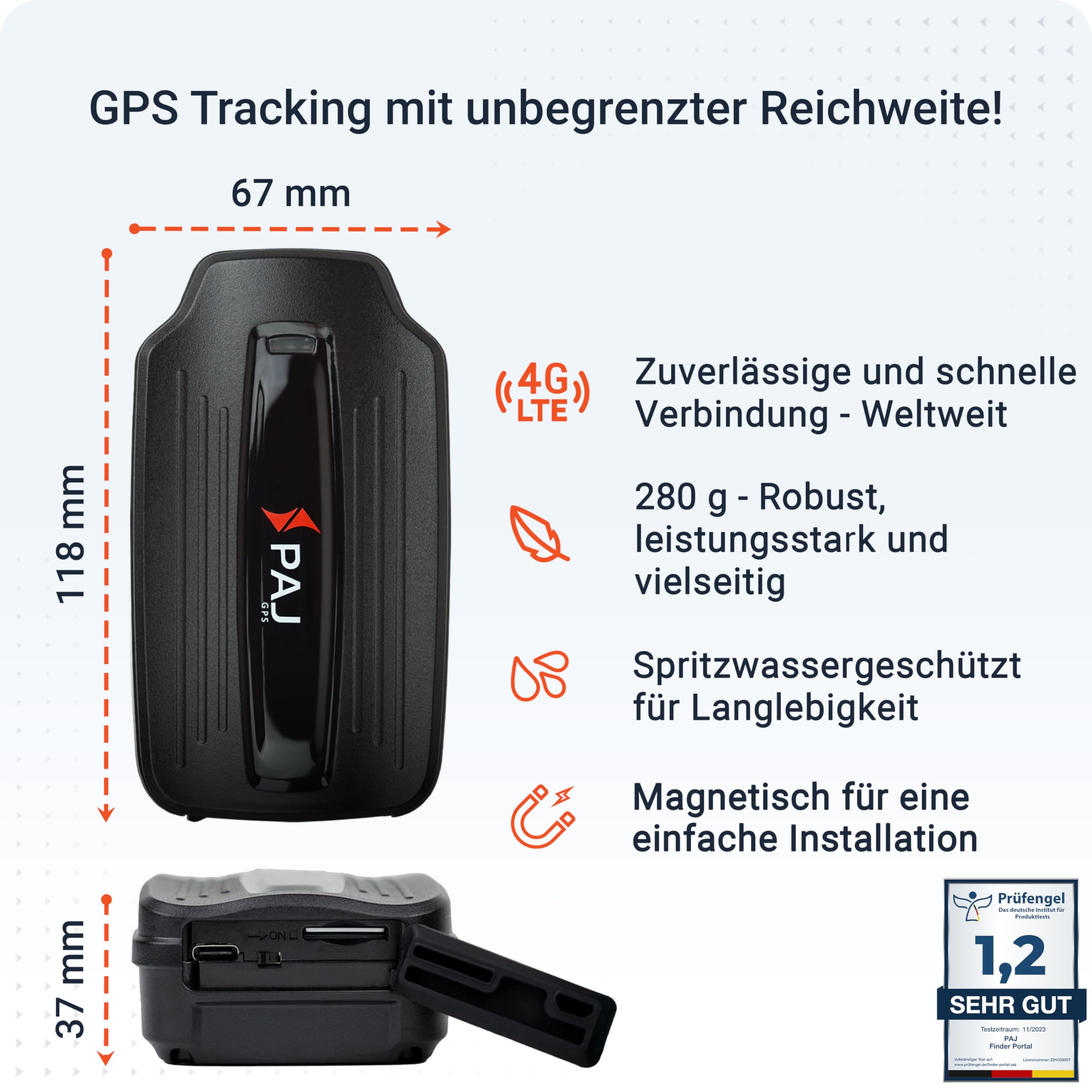 PAJ GPS - Power Finder 4G Langzeit GPS-Tracker, Power Finder von PAJ GPS, Ortung für Oldtimer, Auto, Fahrzeuge, Boote, Anhänger und mehr, inkl. Magnet-Befestigung, bis zu 90 Tage ohne Aufladen
