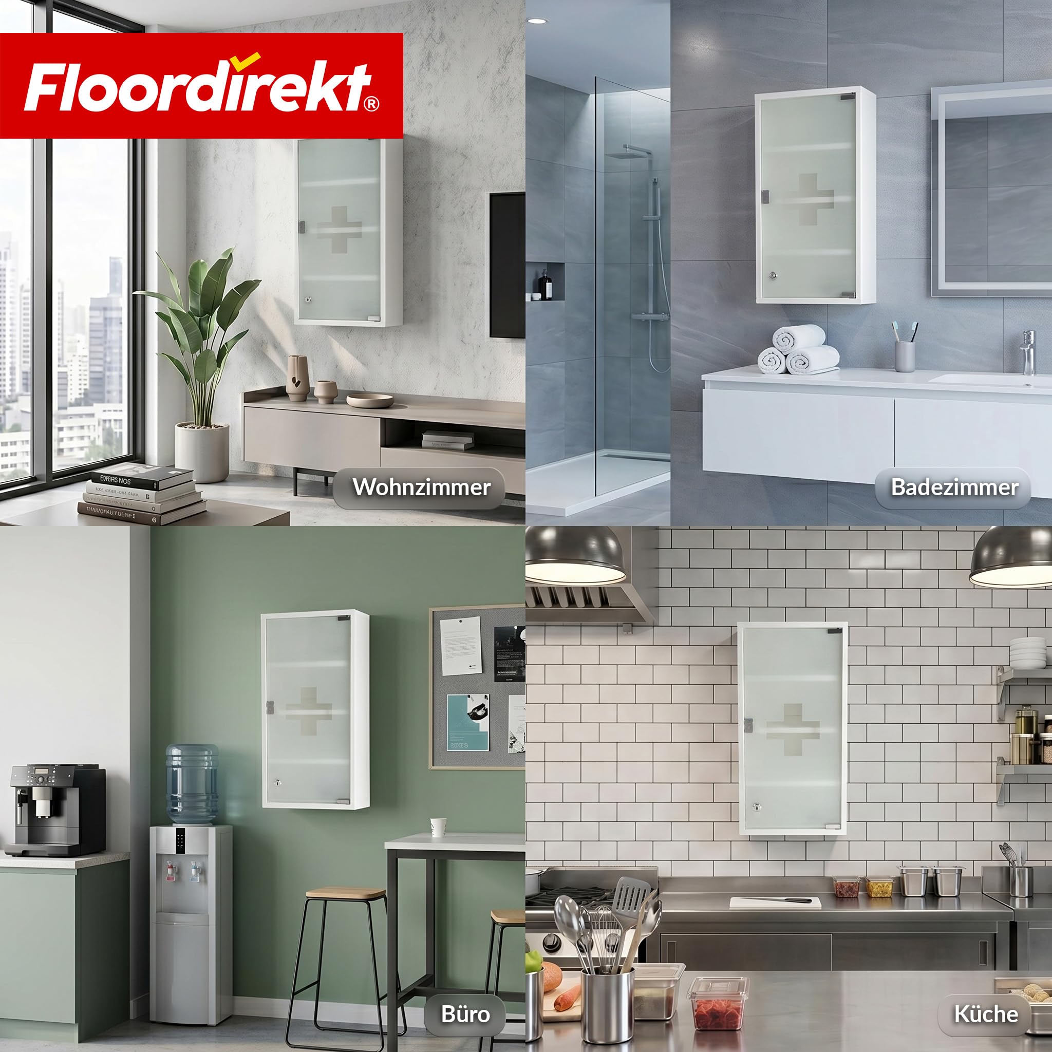 Floordirekt Medizinschrank Weiß 60x30cm - 4 Fächer – Abschließbarer Arzneischrank mit Milchglastür, Edelstahl oder Metall weiß, Medikamentenschrank für Bad, Küche & Praxis, Allen