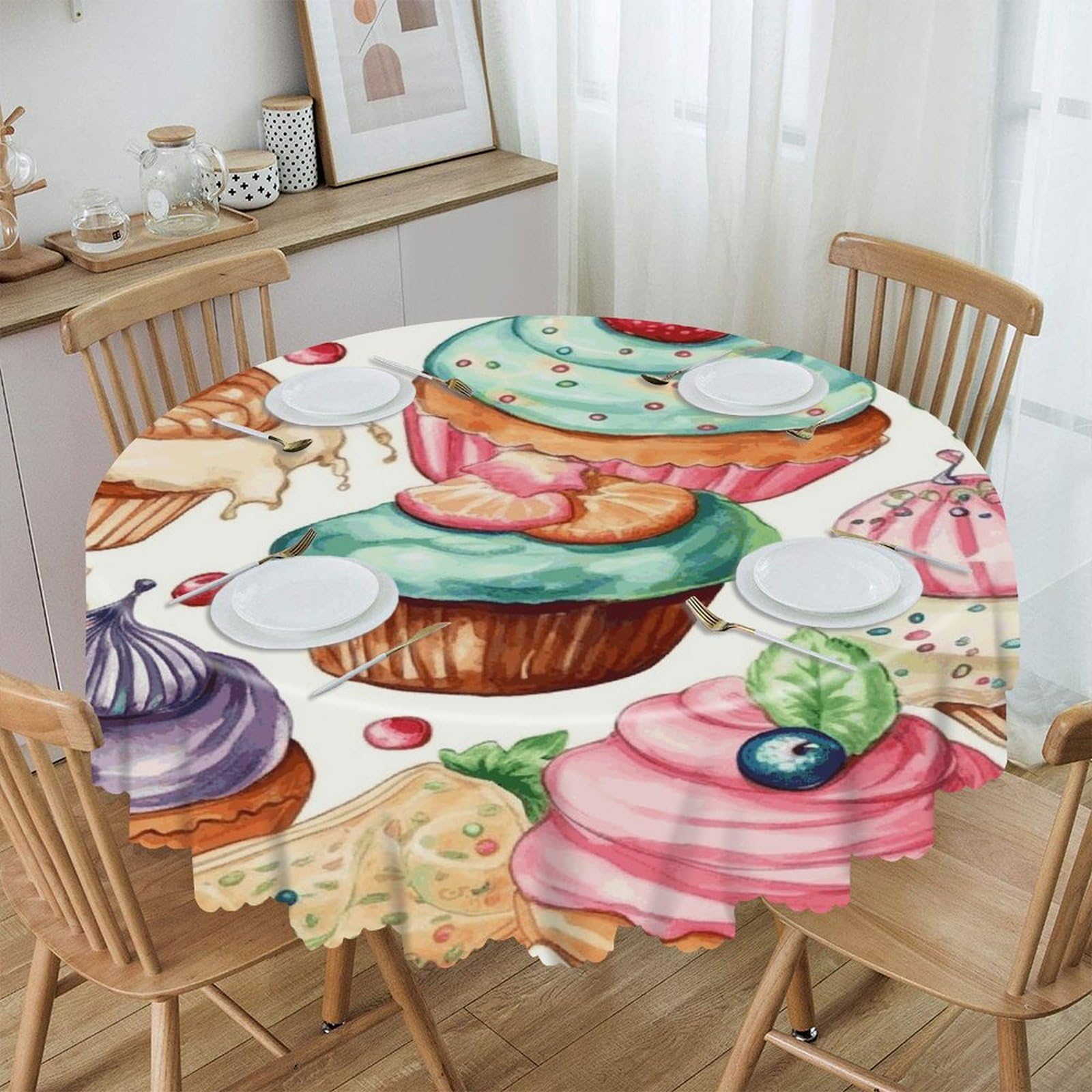 VstaDank Cupcakes Donuts Muffins Sugar Round Tablecloth Premium Polyester Table Cloth Heavy Duty Washable Fabric Tablecloth Waterproof Holiday Table Cover Decorative Tablecloths for Dining 60"