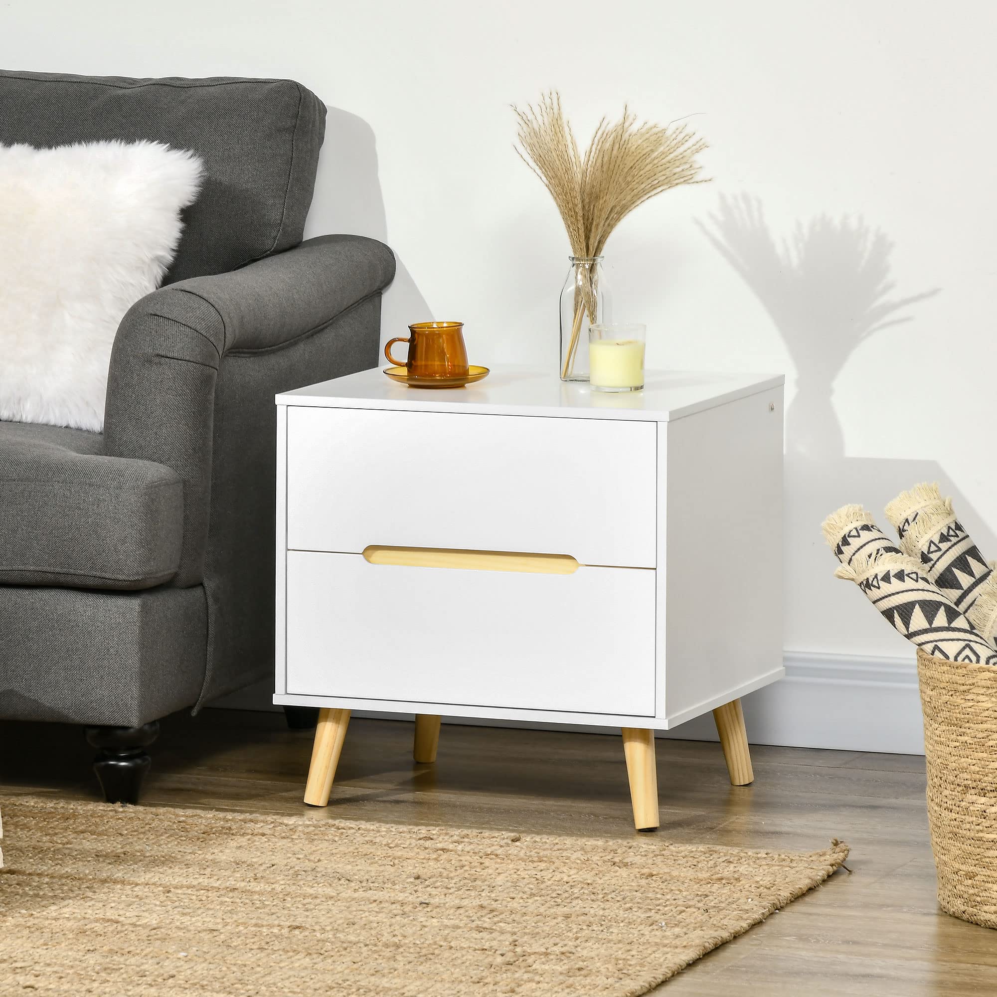 HOMCOM Mesita de Noche con 2 Cajones Patas 50x40x50,5 cm Blanco | Mesilla de Noche Moderno, Patas de Madera, Dormitorio Salón Cama Oficina