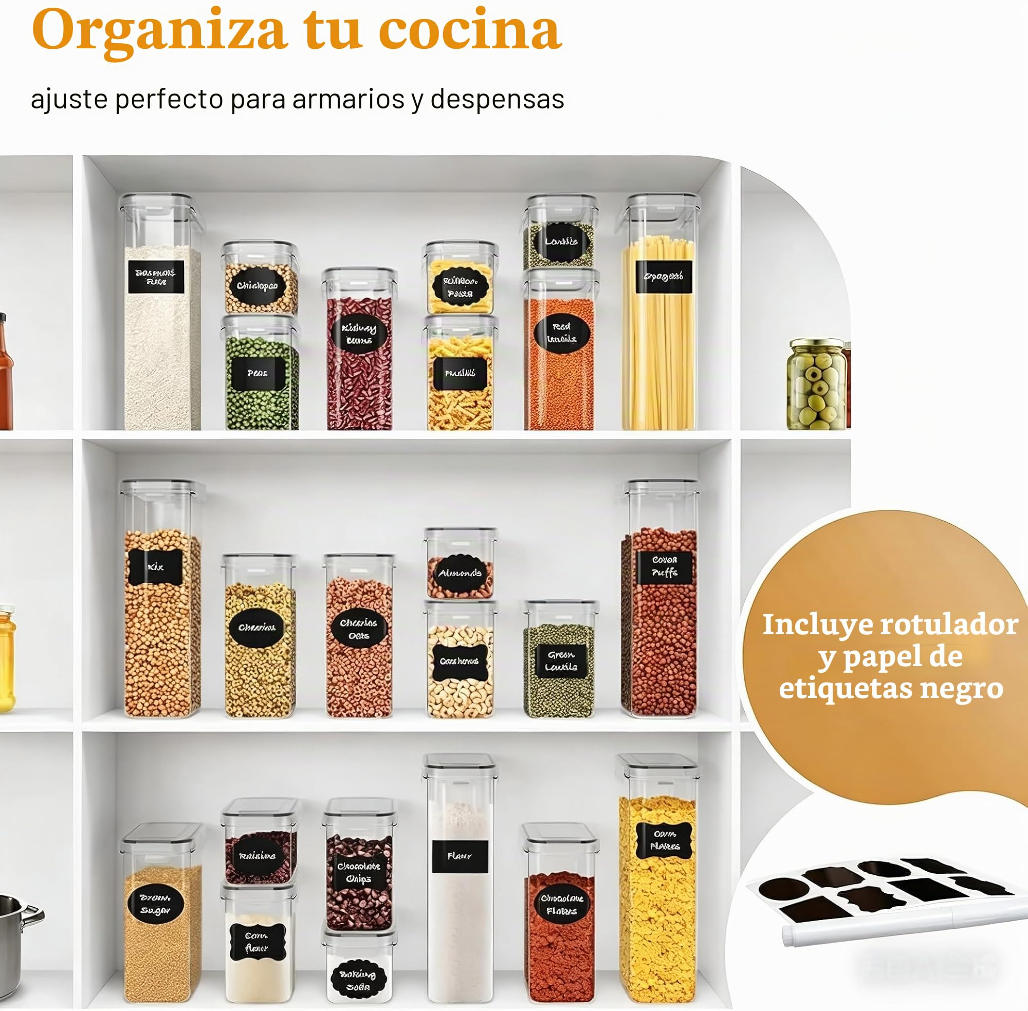 28 Piezas Recipientes Herméticos para Alimentos, Botes Almacenaje Cocina - Recipientes para Alimentos Sellados de Plástico para Cereales, Harina, Golosinas para Mascotas