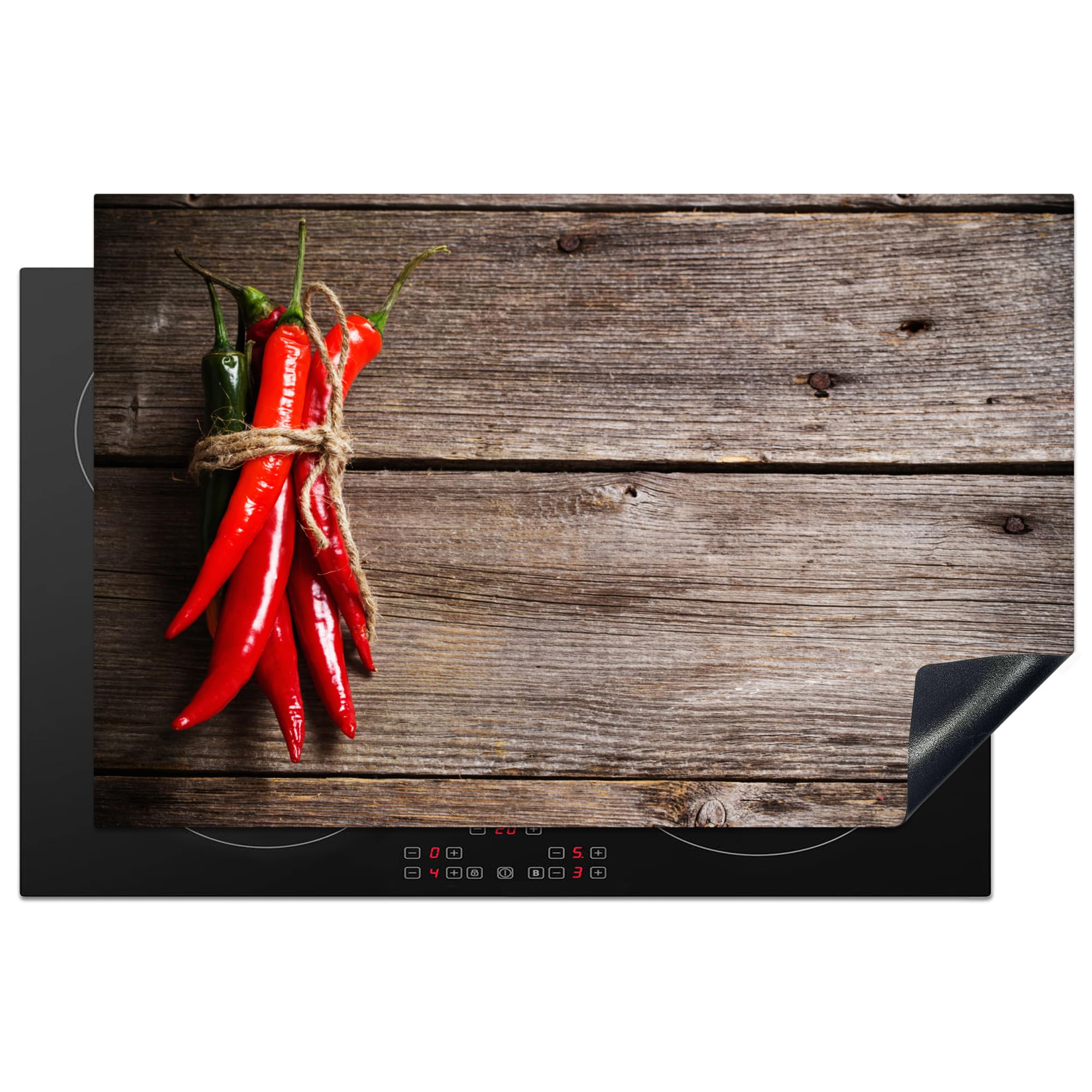 KitchenYeah© Induction Hob Protector Mat 20.5"x31.9" / 81x52 cm Cooker Top Protectors Cover Ceramic Covers Electric Hobs Vinyl Pepper - Wood - Spices - Herbs - Red